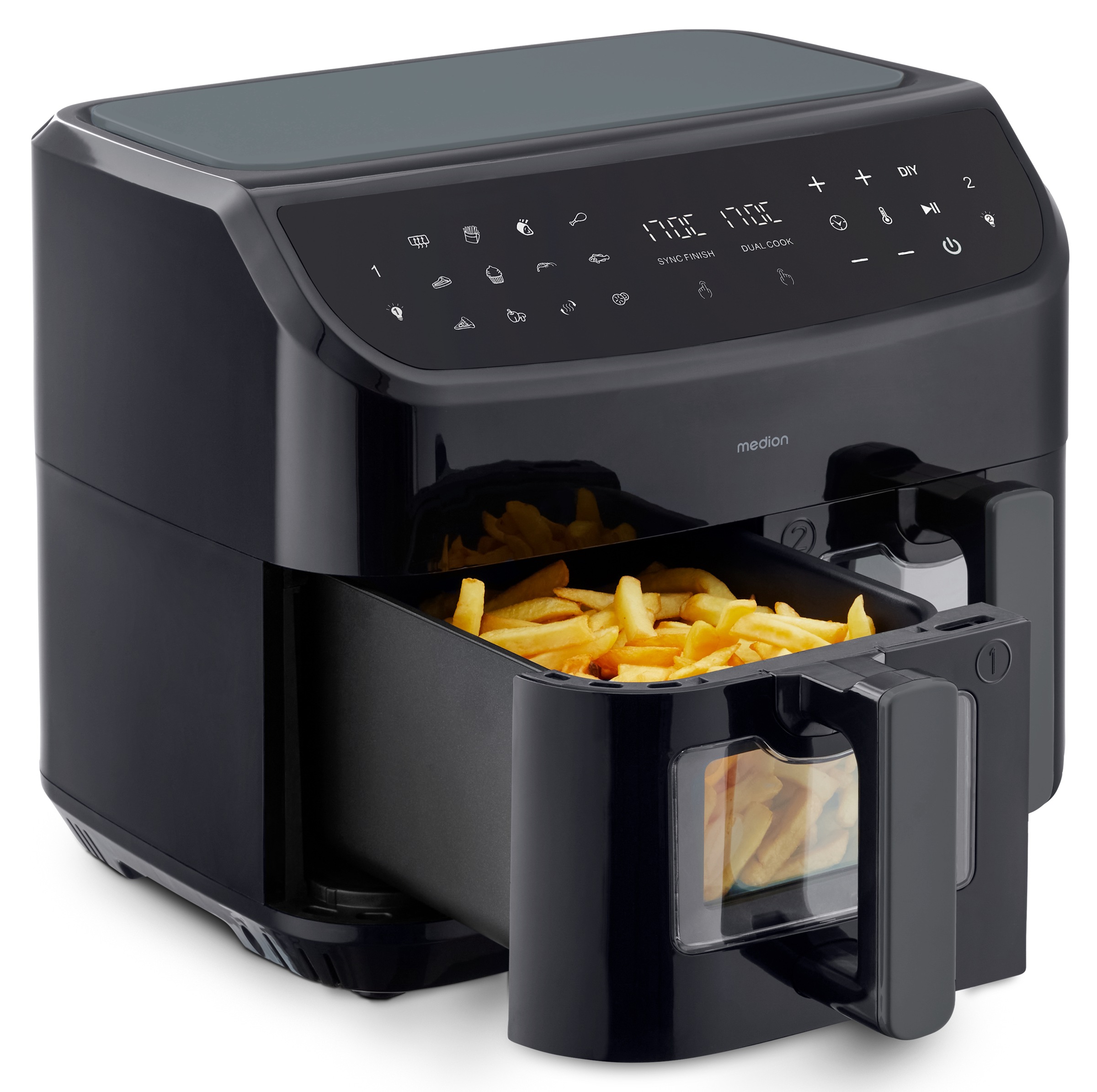 Medion® Heißluftfritteuse »P20 XL (MD 11760) 8,7 L Korbvolumen, 9 Automatikprogramme, Dual Cook«, 2400 W, Temperatur 50 - 200 °C, ILAG Beschichtung, Sync-Finish