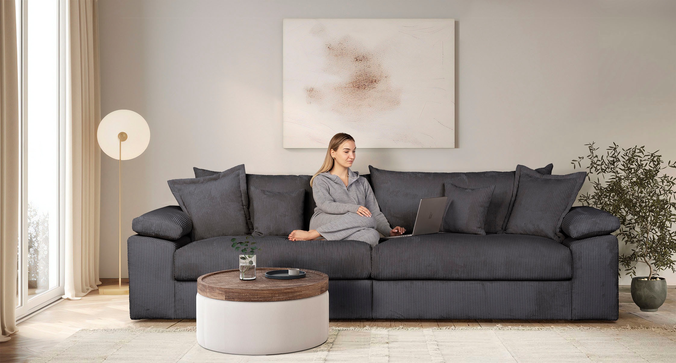 Big-Sofa HOME AFFAIRE, B:303cm T:123cm, grau, 100% Polyester, Sofas, "Soft&Cosy XXL, B: 303 cm - OTTO. Verlässliche Qualität.", Mega-Sofa, Cord oder