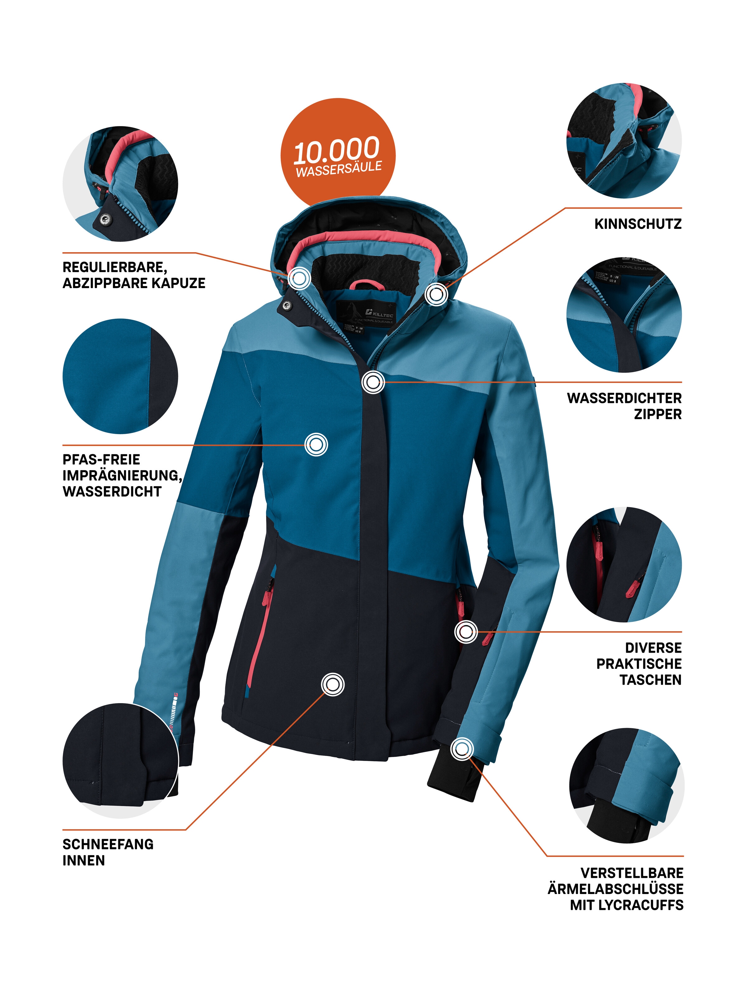 Killtec Skijacke »KSW 67 WMN SKI JCKT« Damen Skijacke: wasserdicht, atmungsaktiv, abnehmbare Kapuze