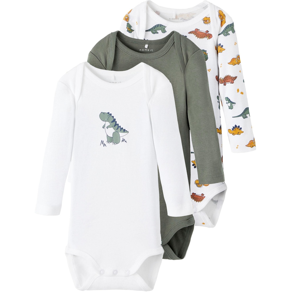 Name It Langarmbody »NBMBODY 3P LS LAUREL WREATH DINO«, (Packung, 3 tlg.)