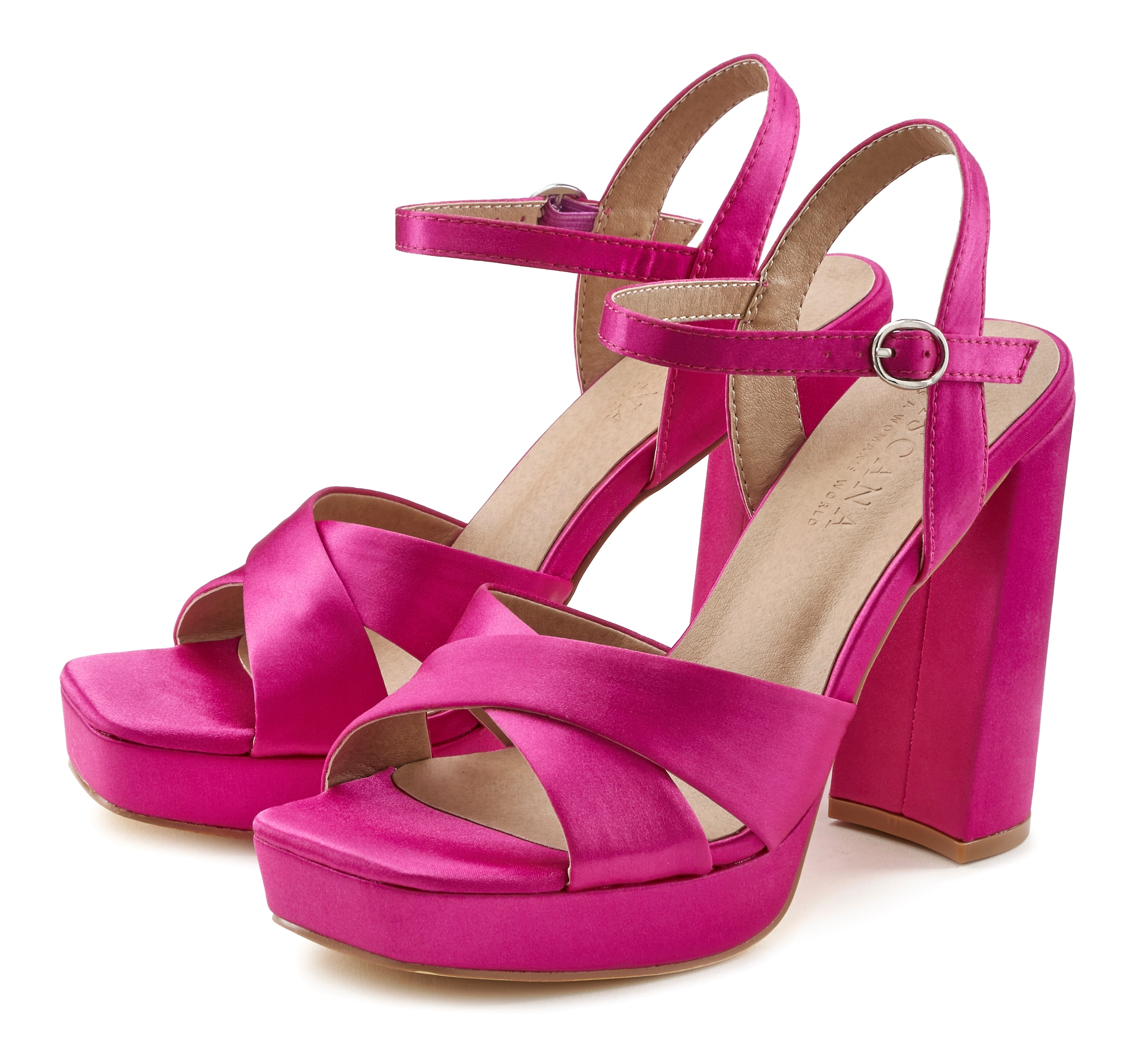 LASCANA Riemchensandalette, High Heel Sandale mit Plateau & Blockabsatz in Satin Optik VEGAN