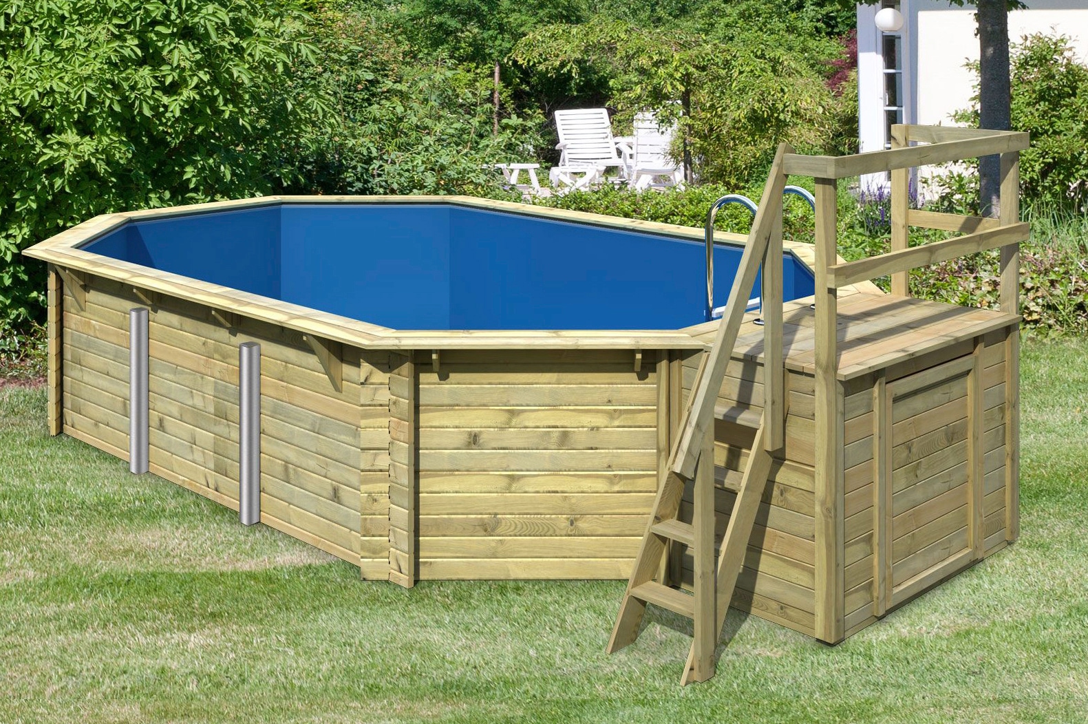 Karibu Achteckpool "PALMA Set B BxLxH: 358x569x124 cm mit Sonnendeck" 38 mm starkes kesseldruckimprägniertes Fichtenholz