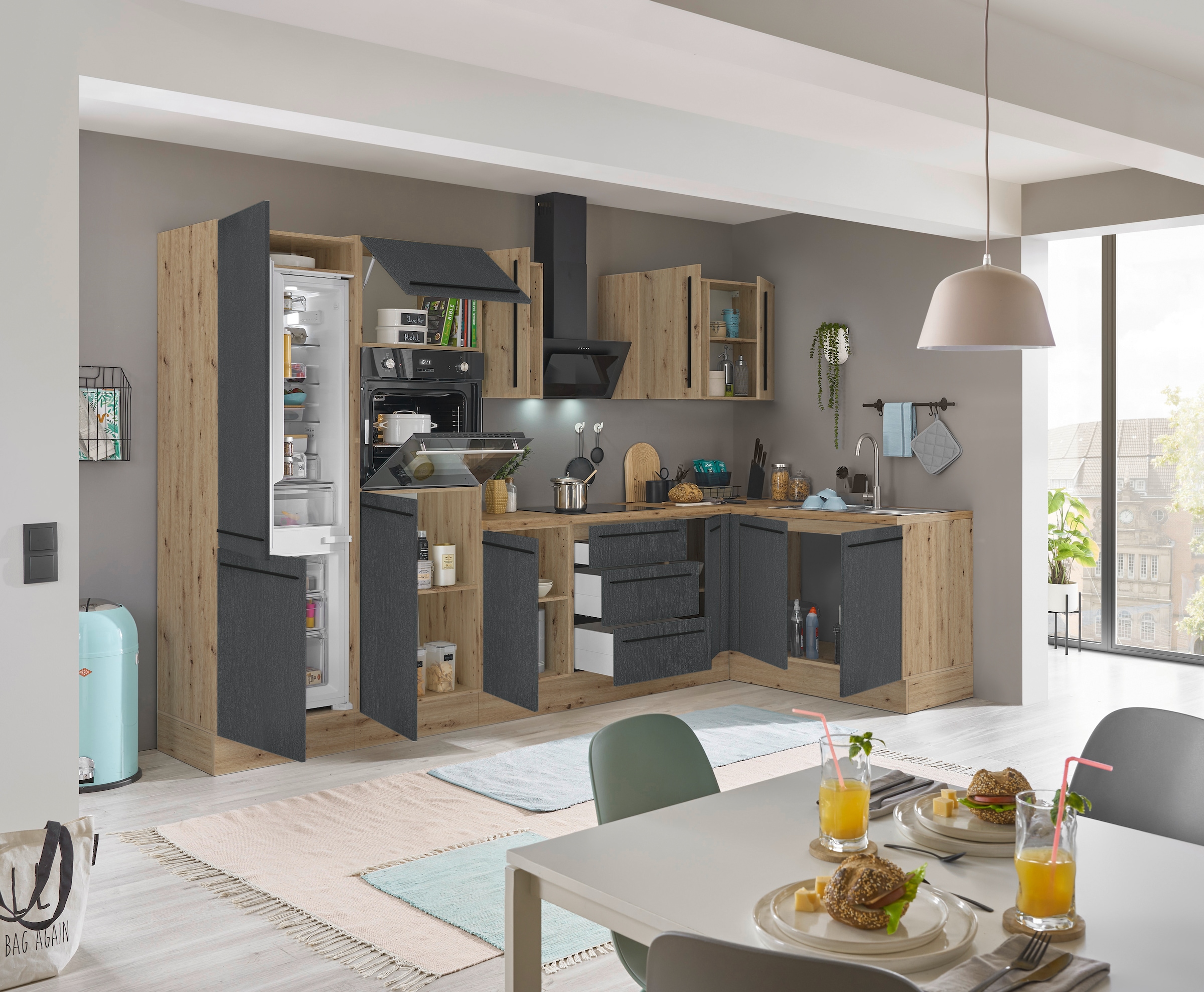 KOCHSTATION Winkelküche »Florida, Stellbreite 330x165 cm« wahlweise mit E-Geräten, mit Softclose für Türen und Schubkästen