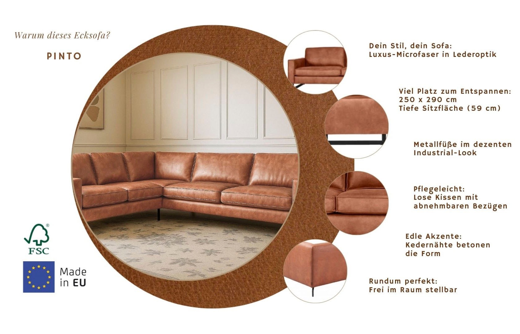 Thumbnail - Home affaire Ecksofa "Pinto, XXL, 250/290 cm, langer Schenkel, Ottomane" Cord, Chenille, Lederoptik, mit Keder, Metallfü...