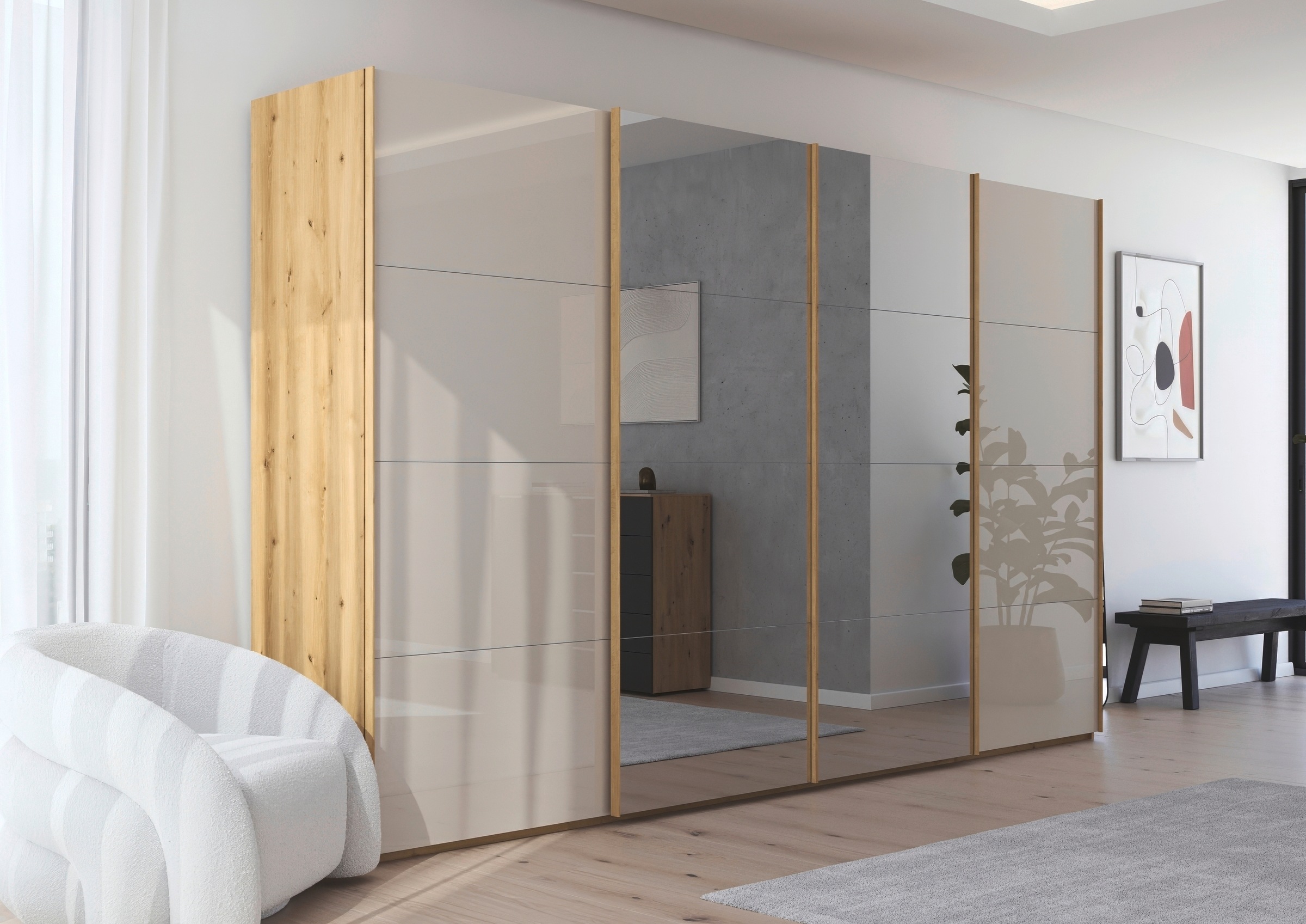 rauch Schwebetürenschrank »Kleiderschrank Schrank Garderobe Schlafzimmerschrank SCALE-FYRA«, edle viergeteilte Türen Spiegel/Glas-Mix viele Farben MADE IN GERMANY