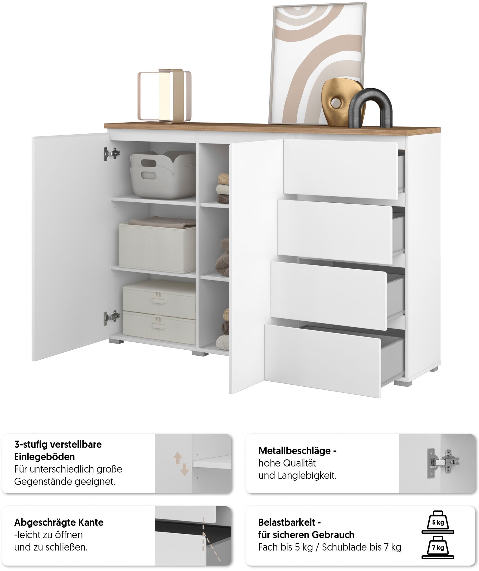 INOSIGN Highboard »Modo, Breite 150 cm, moderne grifflose Kommode 2Türen/4 SK«, Schubladenkommode mit viel Stauraum, Einlegeböden verstellbar