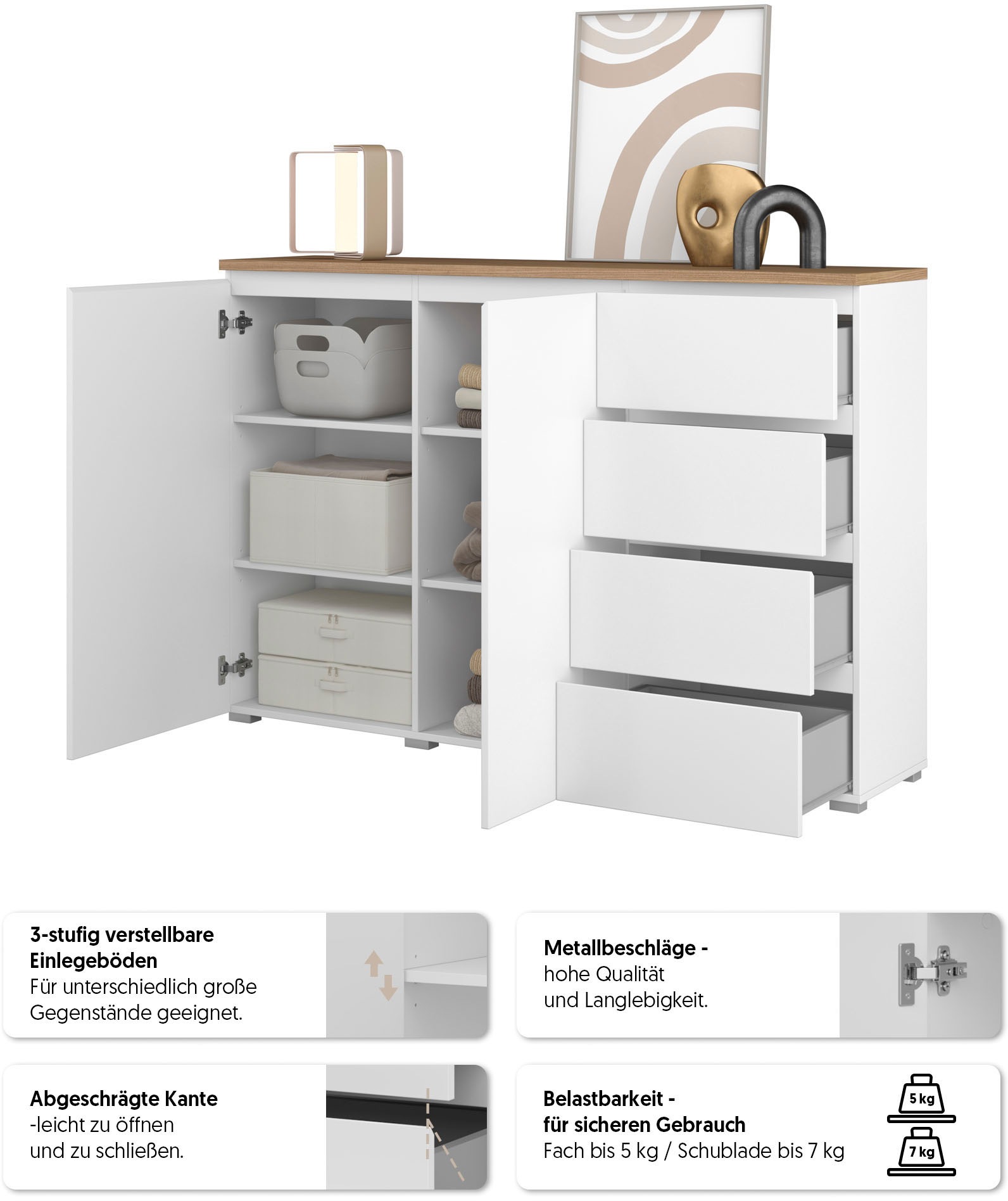 Thumbnail - OTTO home Highboard "Modo, Breite 150 cm, moderne grifflose Kommode 2Türen/4 SK" Schubladenkommode mit viel Stauraum, Ei...