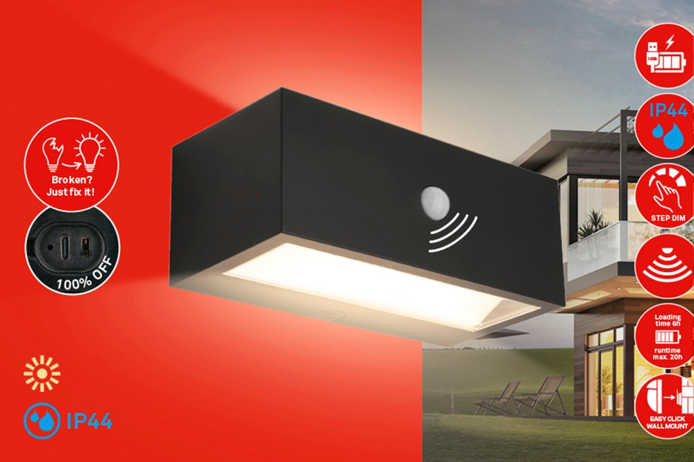 Briloner Leuchten LED Außen-Wandleuchte "DOGU" LED-Modul 1 Stk. 18,5x9,5x7,5 cm, Akku tauschbar, Indoor/Outdoor, Balkon, Hauswand