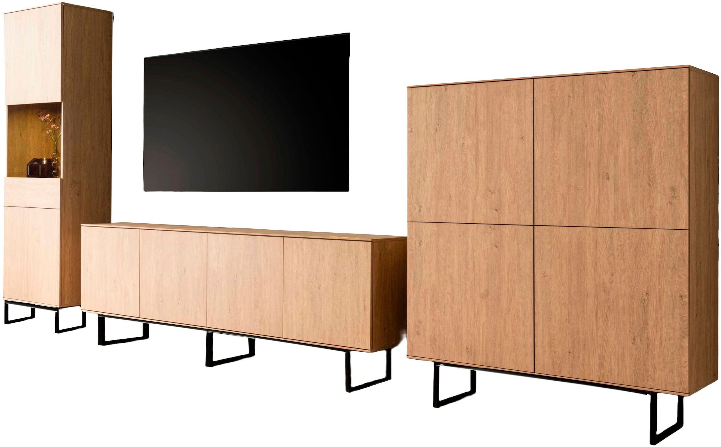 Home affaire Wohnwand »Lund, moderne Anbauwand, Wohnzimmer-Set in Stone Oak«, (3 St.), enthält Vitrine, Lowboard und Higboard