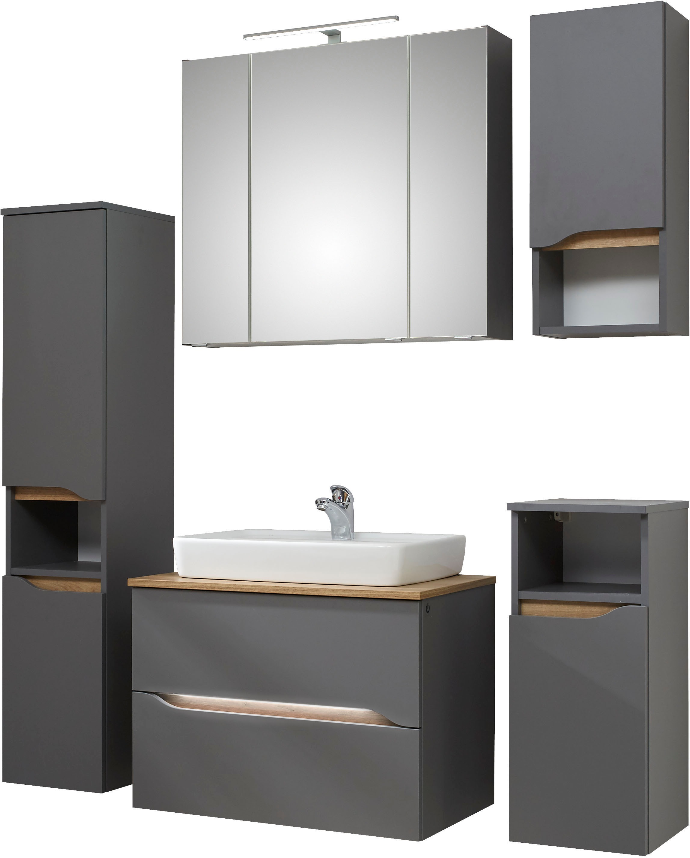 Thumbnail - Saphir Badmöbel-Set "Quickset 5-teilig, Keramik-Aufsatzbecken und LED-Spiegelschrank" 8 Stk. tlg.