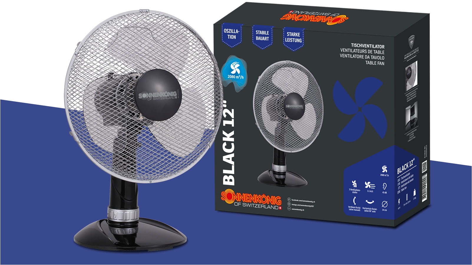 Sonnenkönig Tischventilator »Black 12, Leistung 40W, schwenkbar, laufruhig, modernes Design,«, 3 Ventilationsstufen, hohe Effizienz, 3 Ventilationsblätter