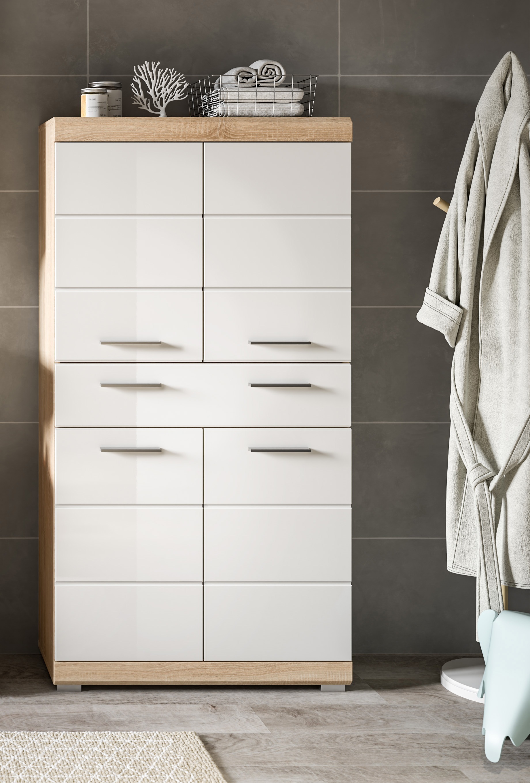 welltime Midischrank "SIENA, Breite 74cm, 4 Türen, 1 Schubkasten, 4 Fächer, günstig online kaufen