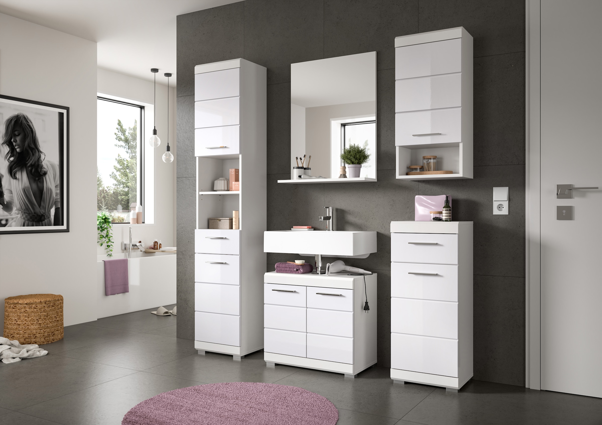 INOSIGN Hochschrank »Siena, Breite 37cm, 2 Tür, 1 Schubkasten, 2 offene Fächer, MDF-Front«, (1 St.), in verschiedenen Farben erhältlich, Badmöbel, Badschrank, Schrank, Bad