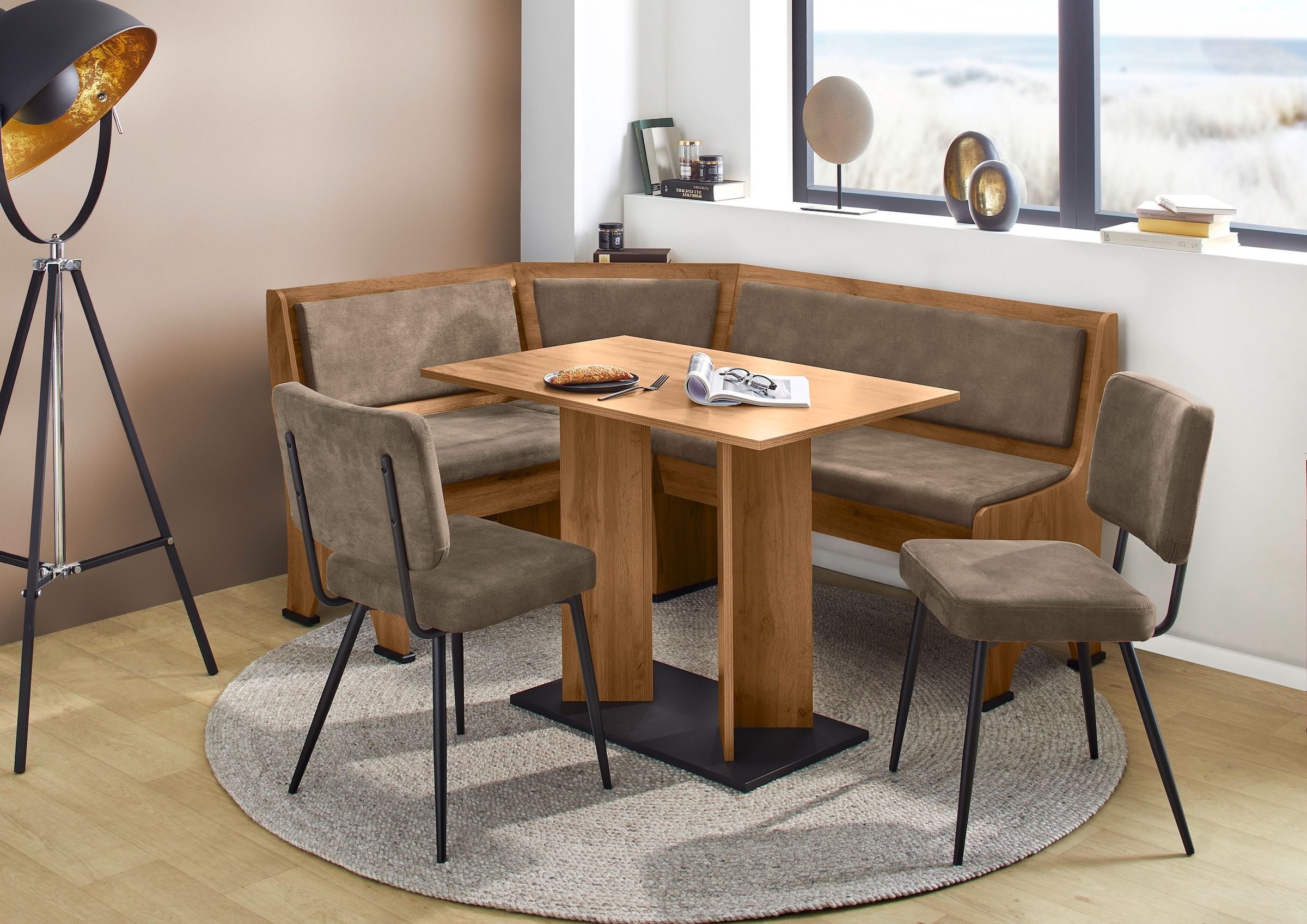 OTTO home Eckbankgruppe »Theo (Set, 4-tlg. Tisch, Bank und 2 Stühle) 2 Farben wählbar« Bank links/rechts montierbar, mit Stauraum, Stühle im 2er Set