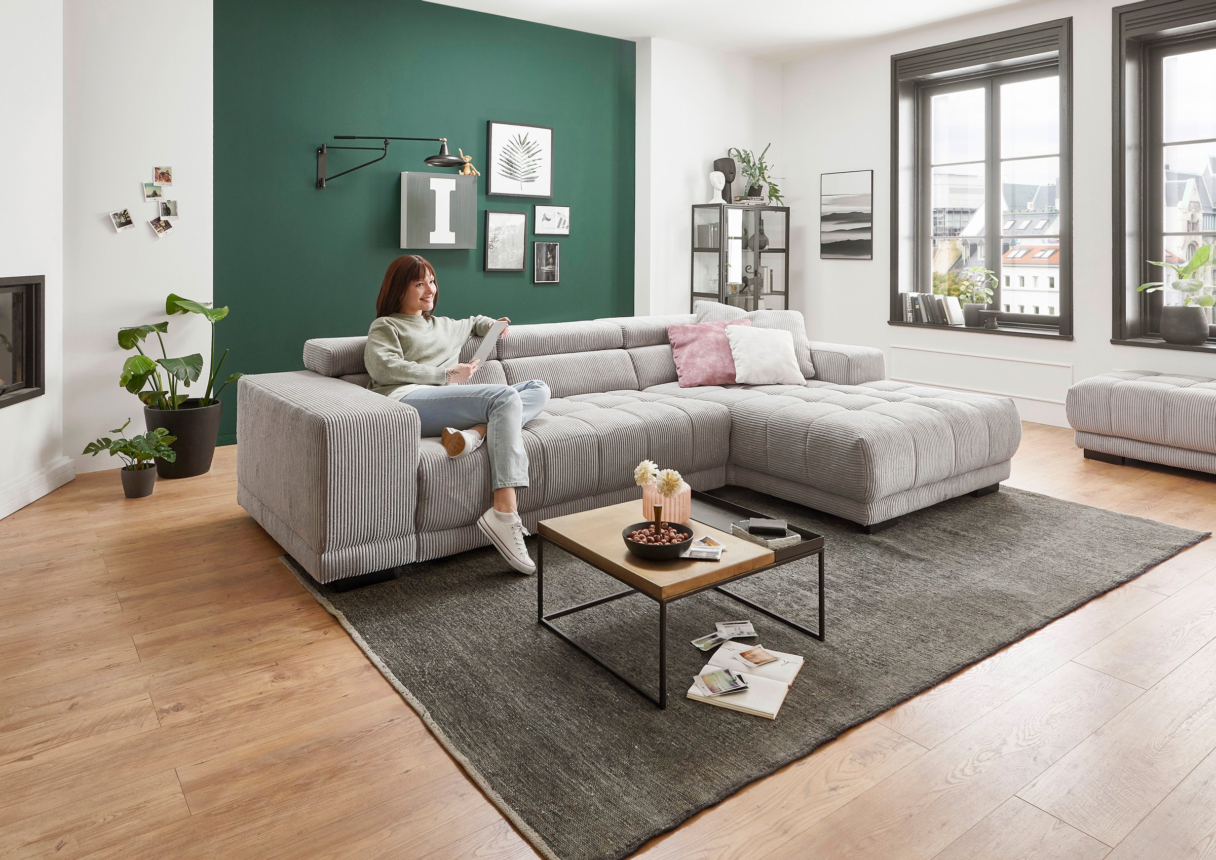 Ecksofa DIE PLANBAR "MP-IN15053 L-Form schmaler Schenkel", grau, B:303cm H:75cm T:190cm, 88% Polyester; 12% Polyamid, Sofas, Ecksofa, mit Kopfteilverstellung, wahlweise mit manueller Vorziehbank