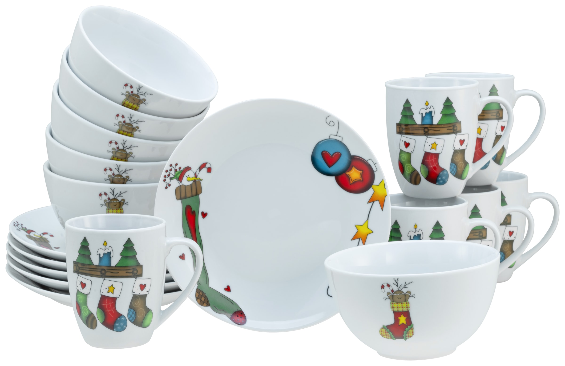 CreaTable Frühstücks-Geschirrset »Luna Socken, Frühstücksset 18-tlg«, (Set, 18 tlg.), Winterlicher Dekor mit lustigen Sockenmotiven
