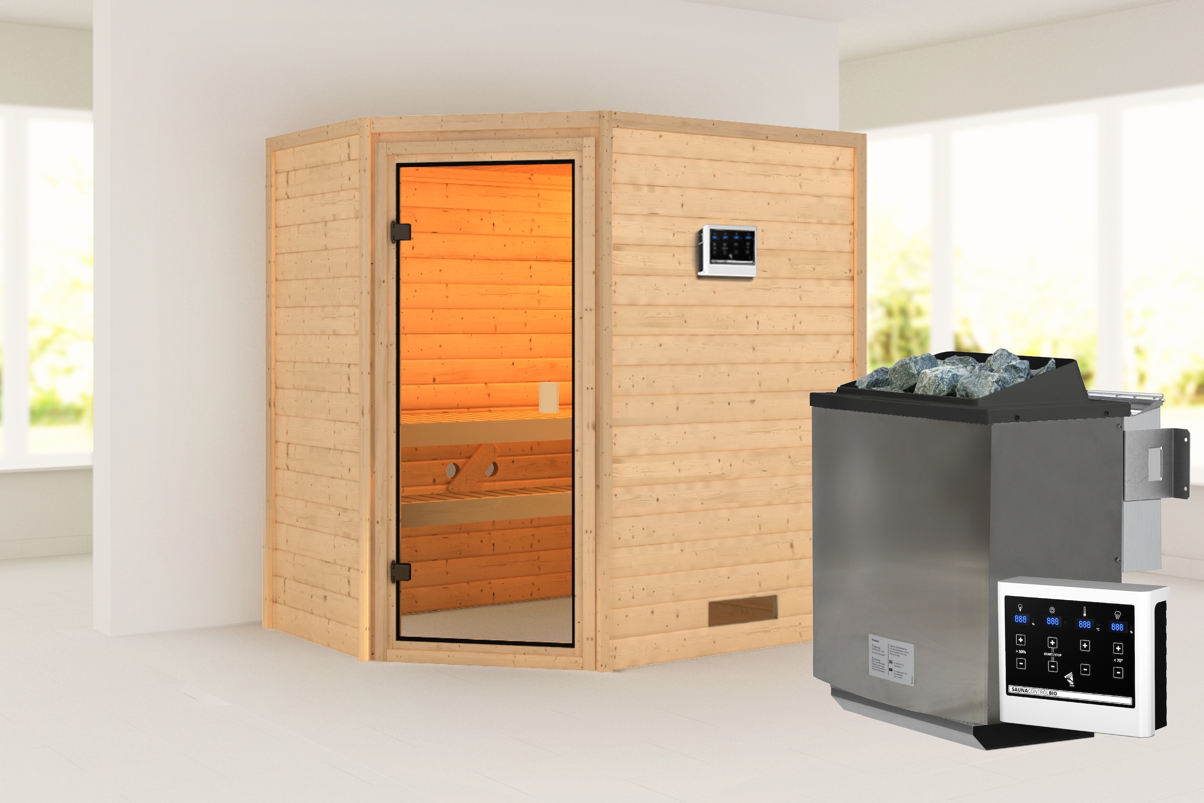 Karibu Sauna ""Juli" mit bronzierter Tür SET, naturbelassen mit Ofen 9 kW" aus hochwertiger nordischer Fichte