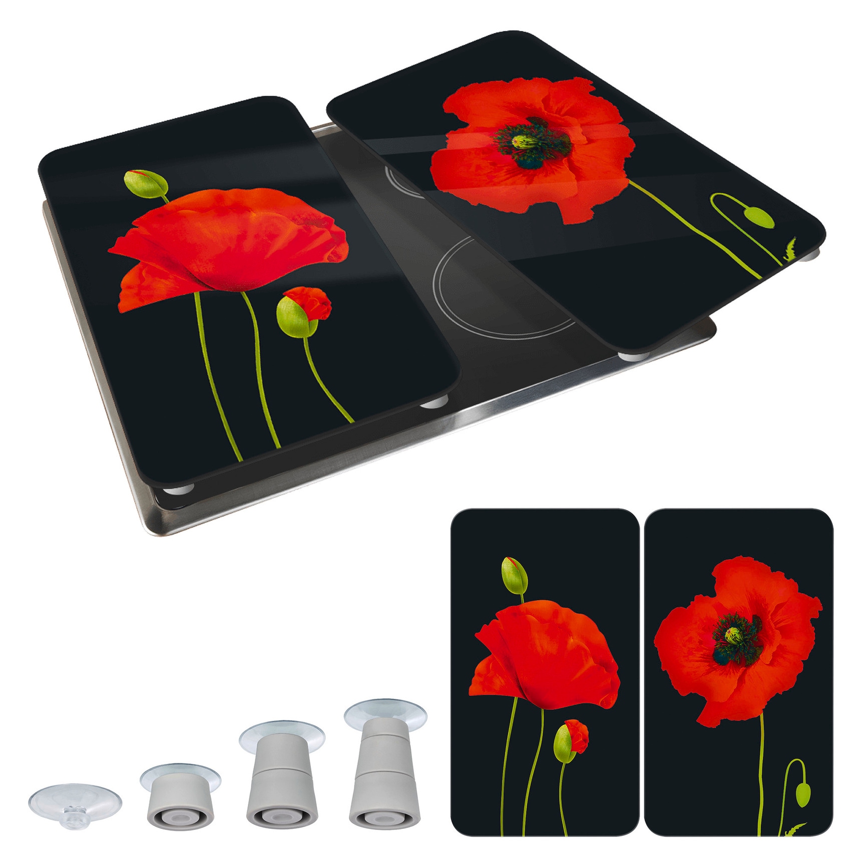 WENKO Herd-Abdeckplatte »Universal Modell Mohn«, (Set, 2 tlg.), Herdabdeckung für alle Herdarten, kratzfest, mit rutschfesten Füßen