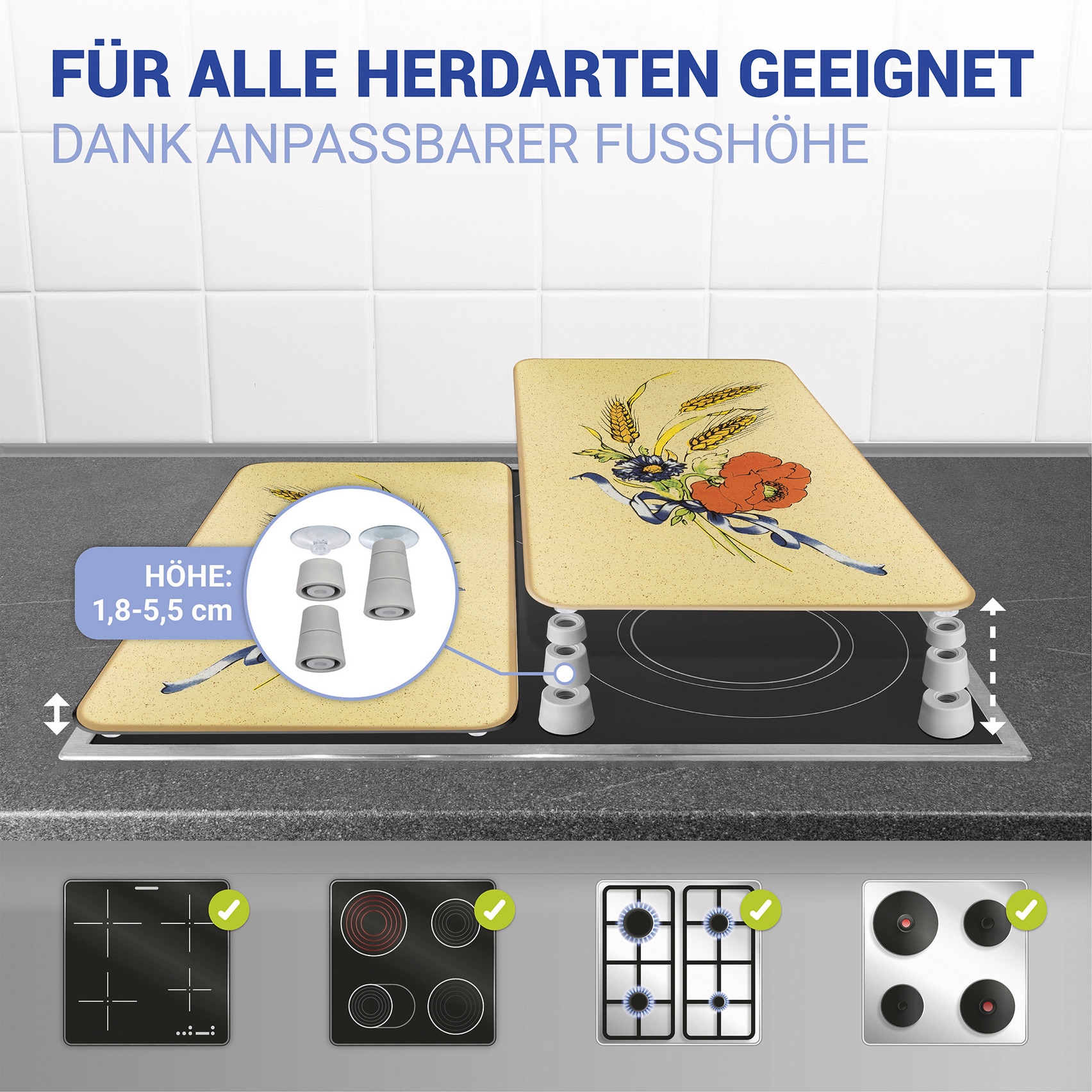 WENKO Herd-Abdeckplatte »Universal Modell Kornblumen«, (Set, 2 tlg.), Herdabdeckung für alle Herdarten, kratzfest, mit rutschfesten Füßen