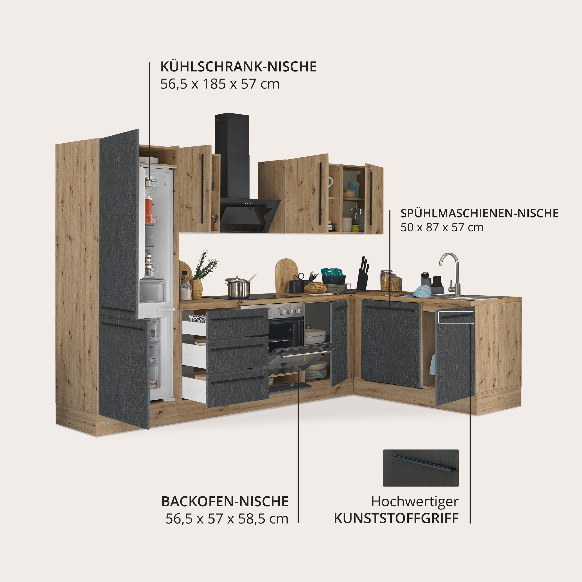 KOCHSTATION Winkelküche »Florida, Stellbreite 280x165 cm« wahlweise mit E-Geräten, mit Softclose für Türen und Schubkästen