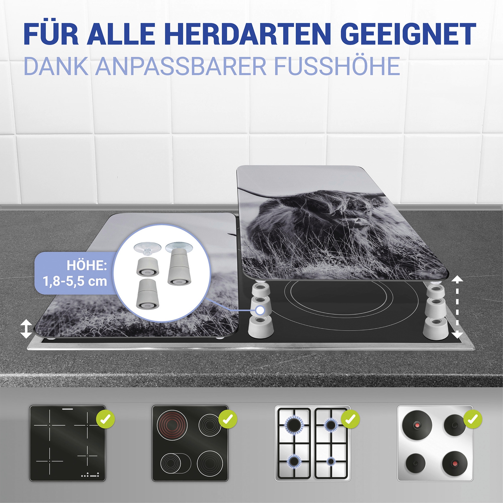 WENKO Herd-Abdeckplatte »Universal Modell Highland Cattle«, (Set, 2 tlg.), Herdabdeckung für alle Herdarten, kratzfest, mit rutschfesten Füßen