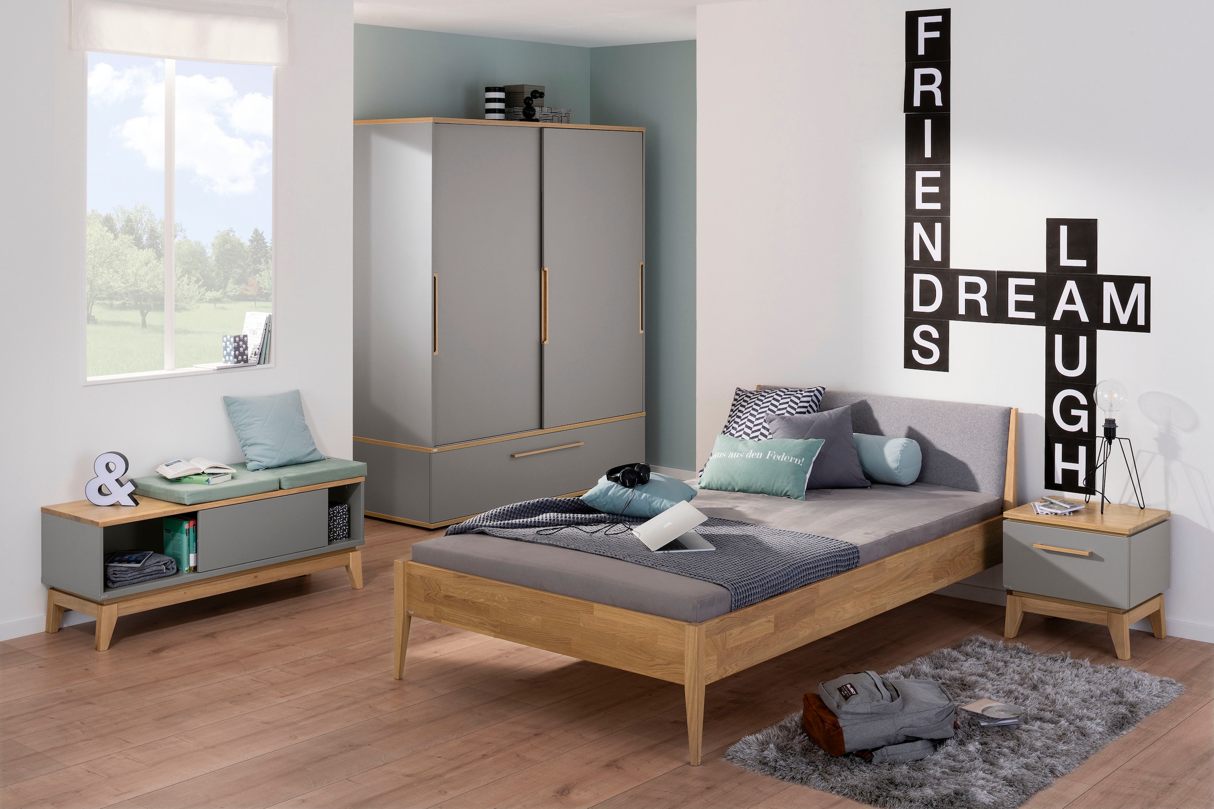 PAIDI Lowboard »STIENE in Beige oder Grau, 2 Fächer, Schiebetüre mit Soft-Close« B/H/T ca. 124/47/40cm,  stabiles Lowboard mit Massivholz, Sitzfunktion, TV-Board