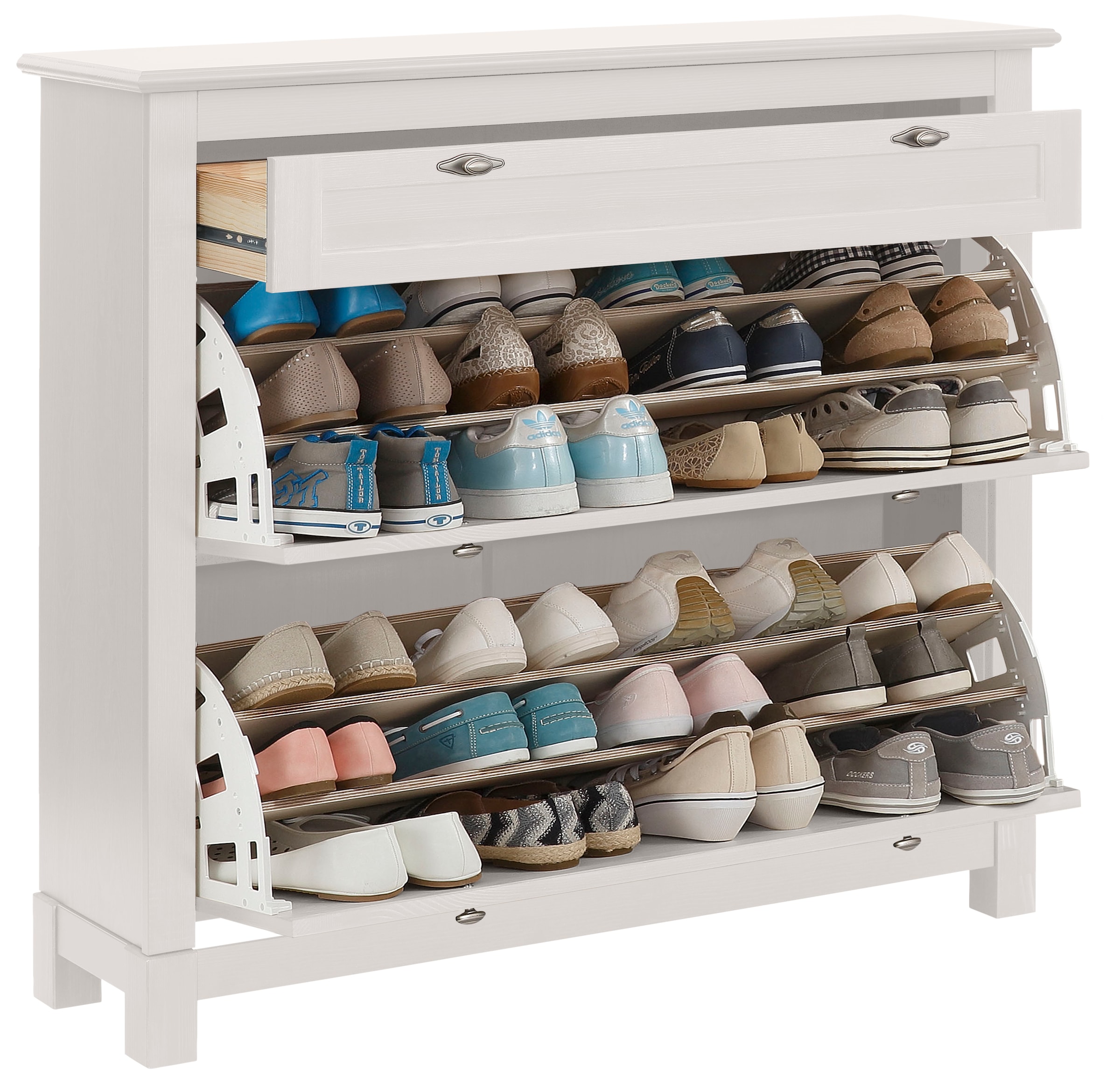 Home affaire Schuhkommode »Rauna Schuhkipper, Schuhschrank«, Kiefermassiv, Breite 120 cm, 3-Fachschuhtrommel, ca. 24 Paar Schuhe