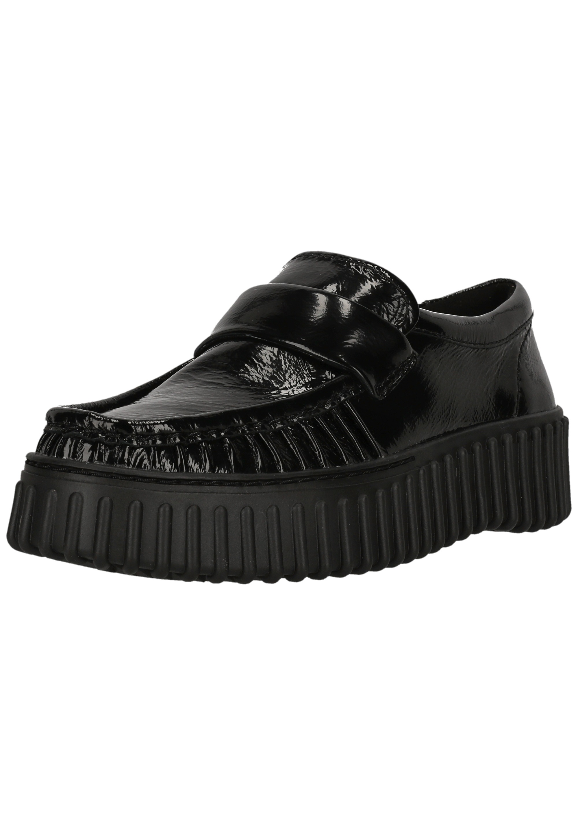Clarks Slipper "Torhill Mocc Black Pat" mit charakteristischer, gerippter Sohle
