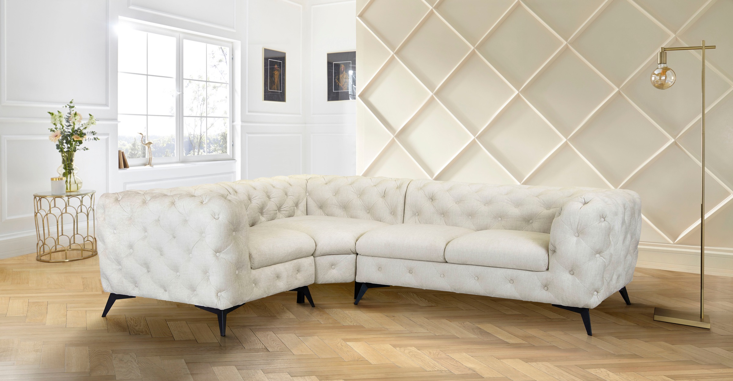 Leonique Chesterfield-Sofa »Ecksofa GLYNIS L-Form mit Wellenunterfederung, Maße B/T/H 264/204/75cm«, aufwändige Knopfheftung, moderne Chesterfield Optik, Fußfarbe wählbar