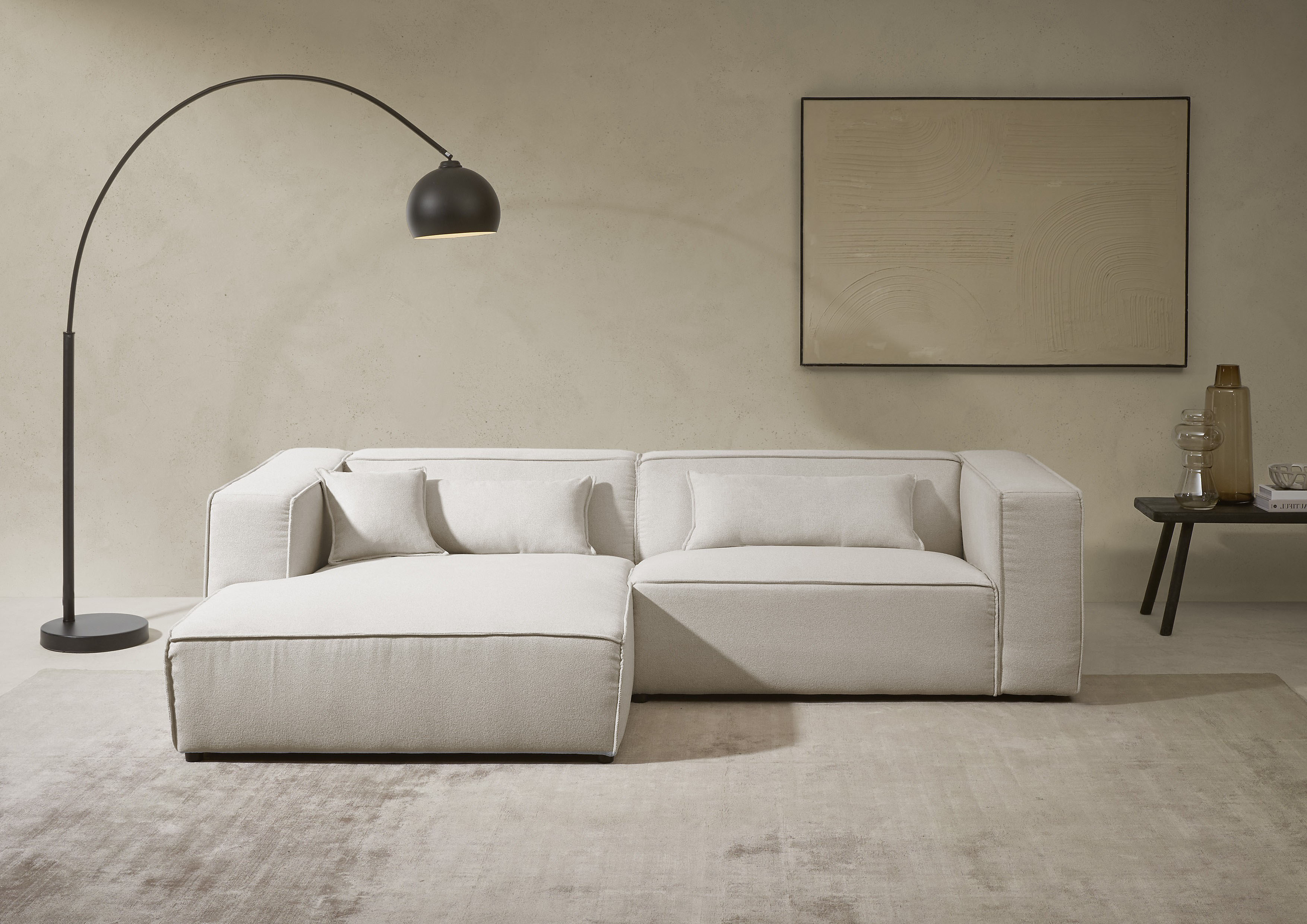 LeGer Home by Lena Gercke Ecksofa "PIARA Struktur u. Leinenoptik mit Kedernaht L-Form" wahlweise Ottomane rechts/links, schwarze Füße, bequemer Sitzkomfort