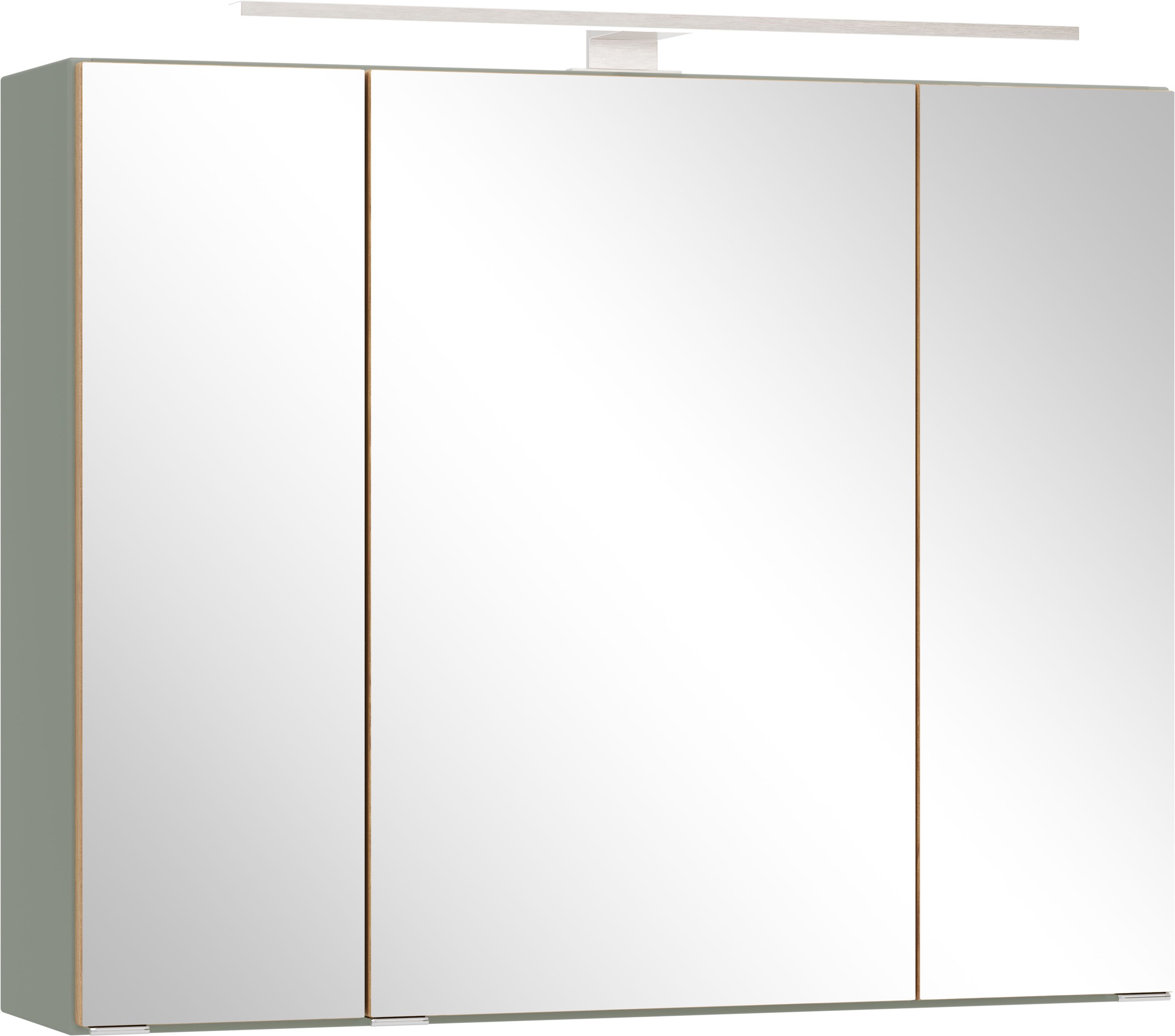 welltime Spiegelschrank "TRIENT, 3D-Spiegelschrank 80 cm, gedämpfte Scharniere" Schilfgrün/Wildeiche, gedämpfte Scharniere