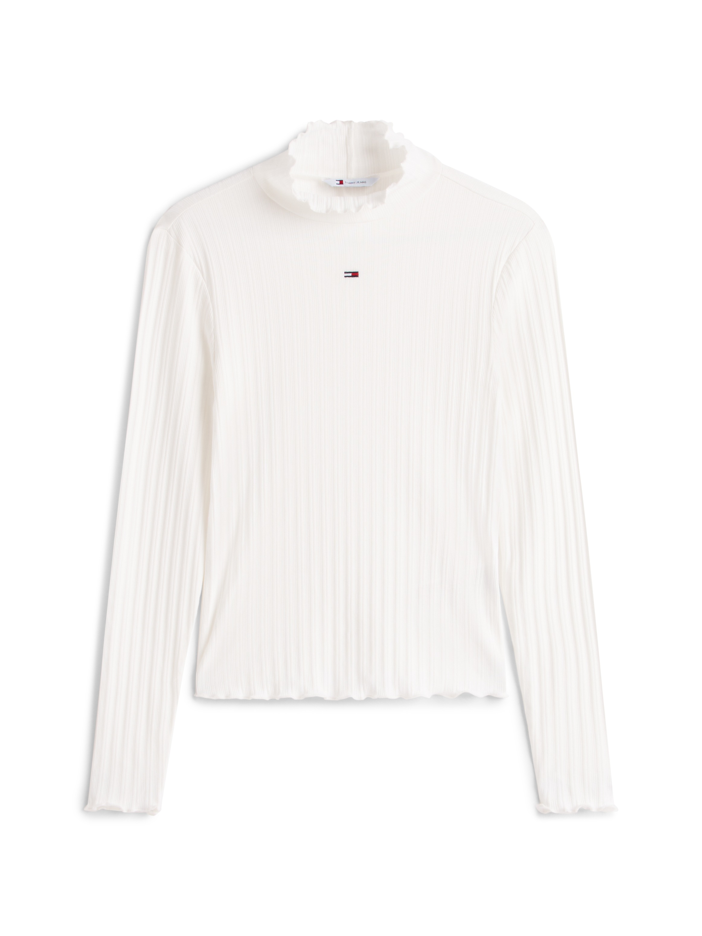 Langarmshirt TOMMY JEANS "TJW SLIM RIB LETTUCE EDGE LS", Damen, Gr. M (38), ecru, Single Jersey, Obermaterial: 95% Baumwolle, 5% Elasthan, unifarben, figurbetont, Shirts Langarmshirt, in gerippter Struktur 3