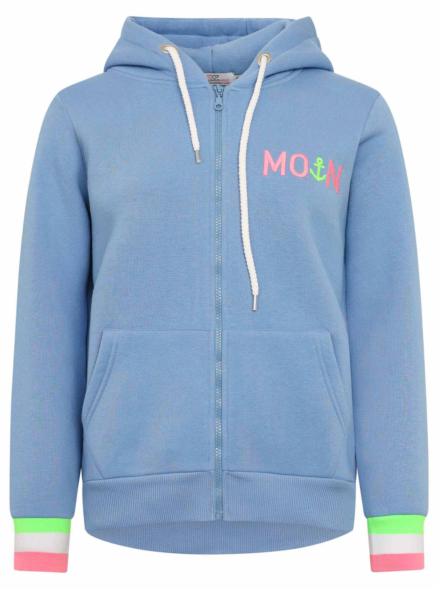 Zwillingsherz Sweatjacke, mit gesticktem "Moin" und neonfarbenen Details