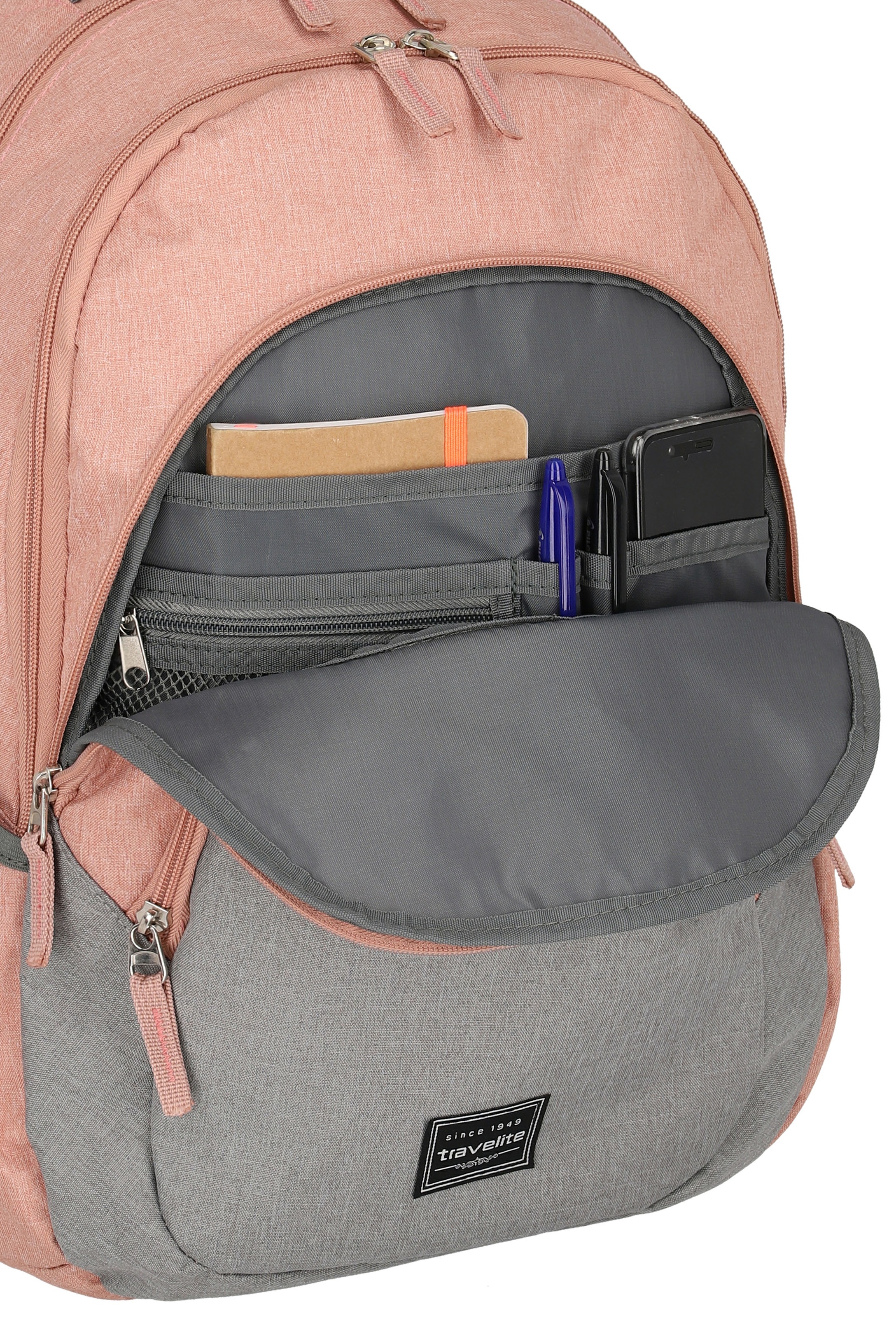 travelite Laptoprucksack »Basics Melange, rosa/grau«, Arbeitsrucksack Schulrucksack Freizeitrucksack mit 15-Zoll Laptopfach