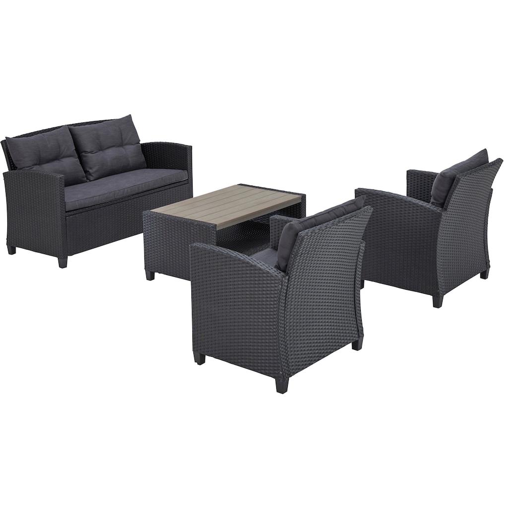 KONIFERA Gartenlounge-Set »St. Tropez«, (Set, 11 tlg., 1x2er Sofa, 2x Sessel,1x Tisch 90x55x42,5cm, inkl. Auflagen), Polyrattan, Stahl, Ablage unter dem Tisch, Balkonset, Loungeset