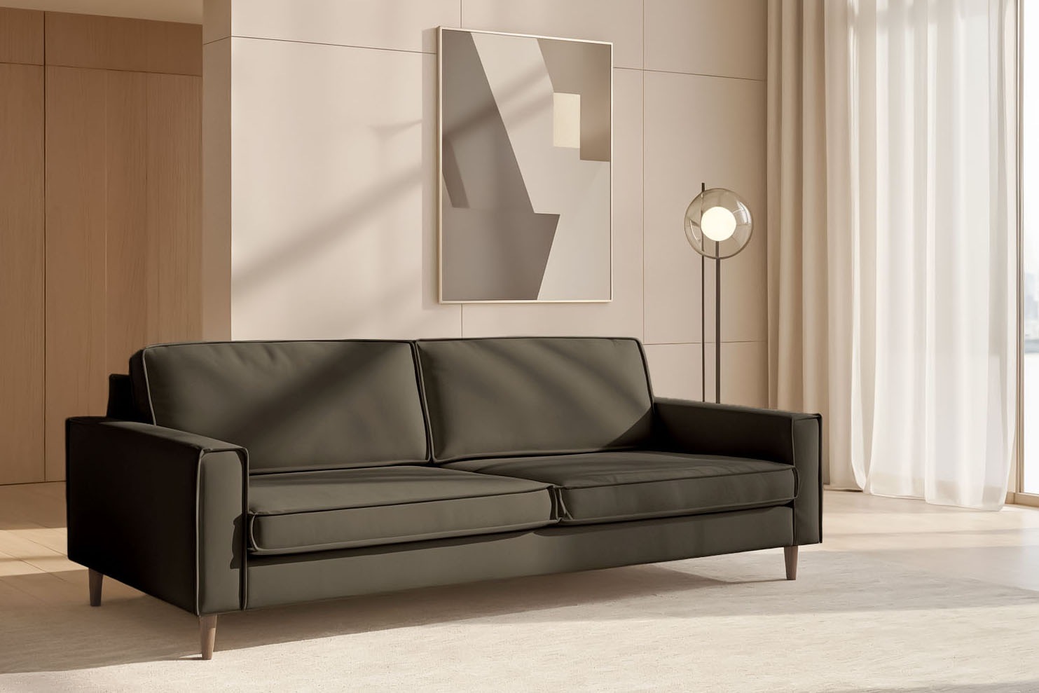 Home affaire 3-Sitzer »Pinto Skandi,Maxi-Ausführung, 236 cm, Chenille, Struktur« mit Keder, Massivholzfüße Eiche geräuchert, Wellenunterfederung