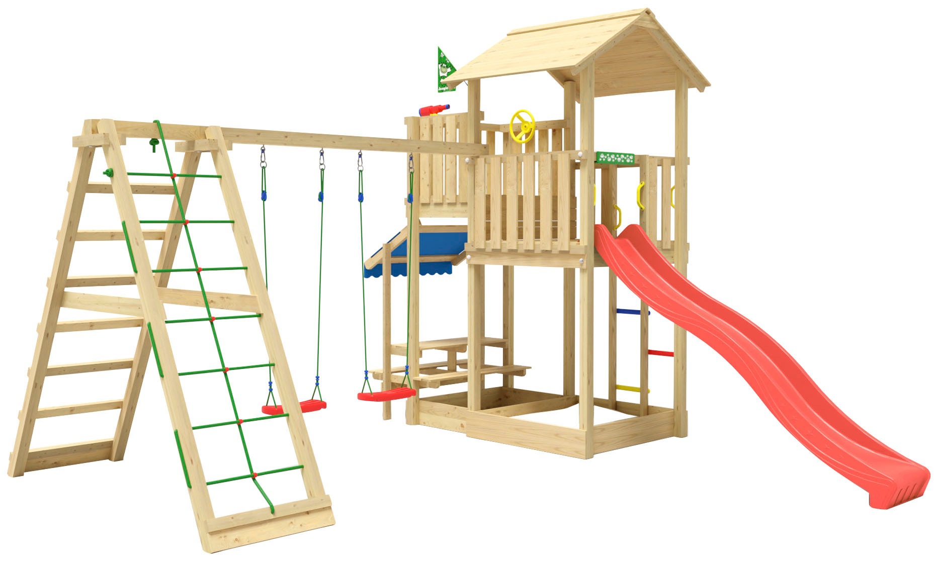 Jungle Gym Spielturm »Veranda«, (Set), Spielanlage mit Schaukel, Kletterbock und Rutsche mit Wasseranschluss