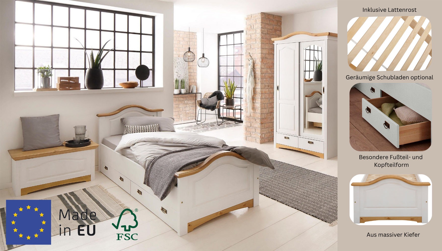 OTTO home Massivholzbett »Konrad, Stauraumbett, Messinggriffe, rustikaler Landhausstil« mit FSC®-zertifiziertem Massivholz, Liegehöhe 40 cm