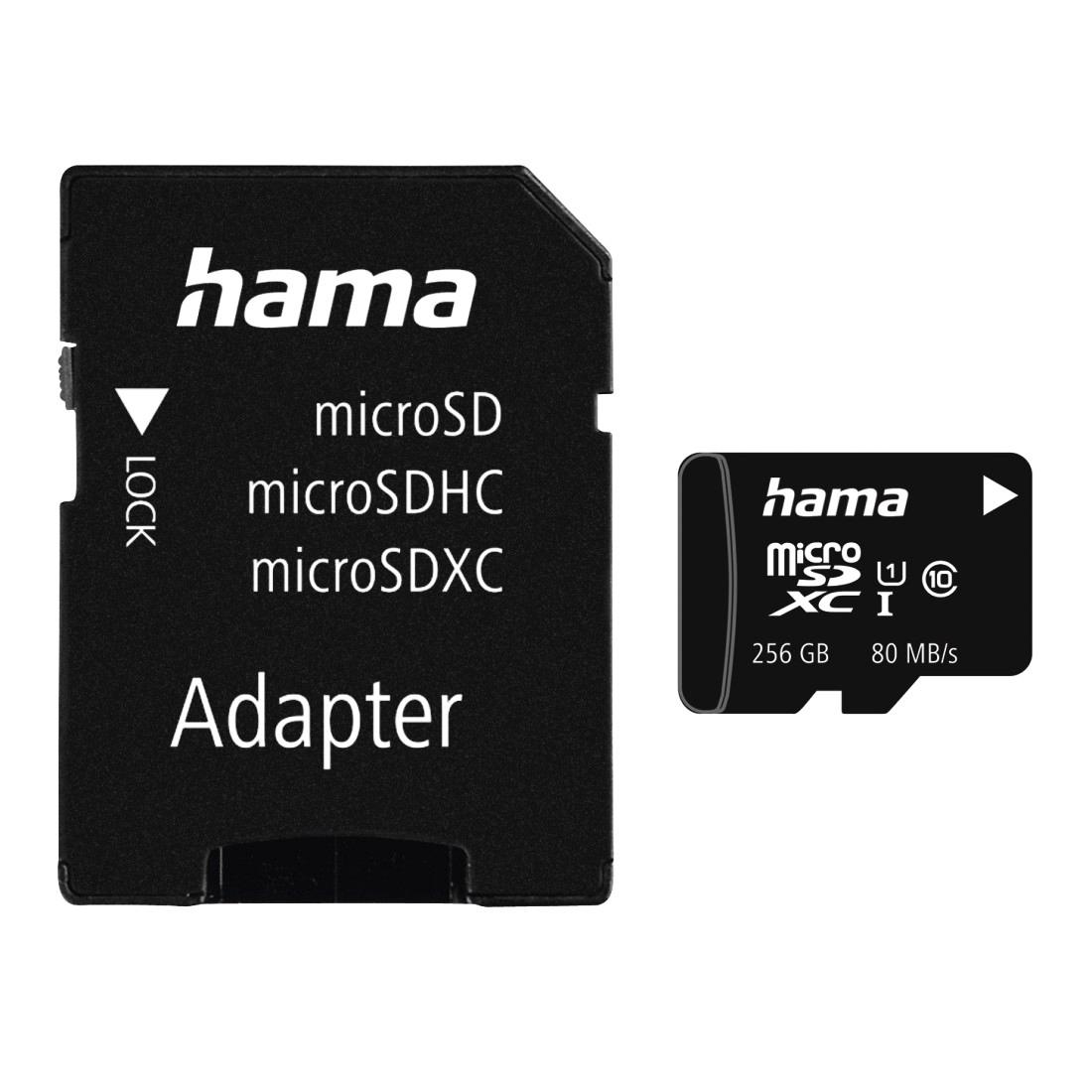 HAMA Speicherkarte "microSD Karte, Memory Fast, + Adapter/Foto, Class 10 UHS-I 80MB/s", 256 GB, schwarz, Speicherkarten
