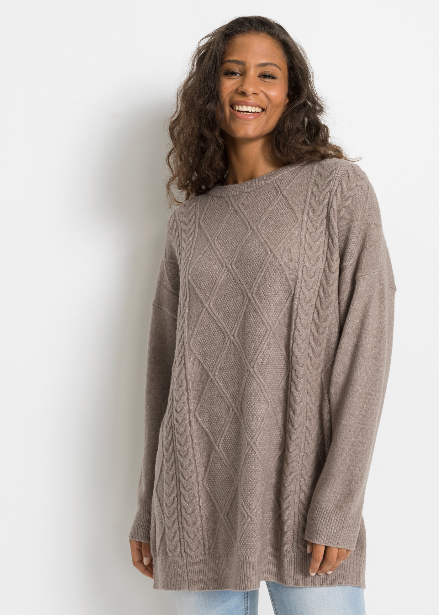 bonprix Strickpullover mit tollem Zopfmuster, lässige Oversized Passform, Melange-Optik