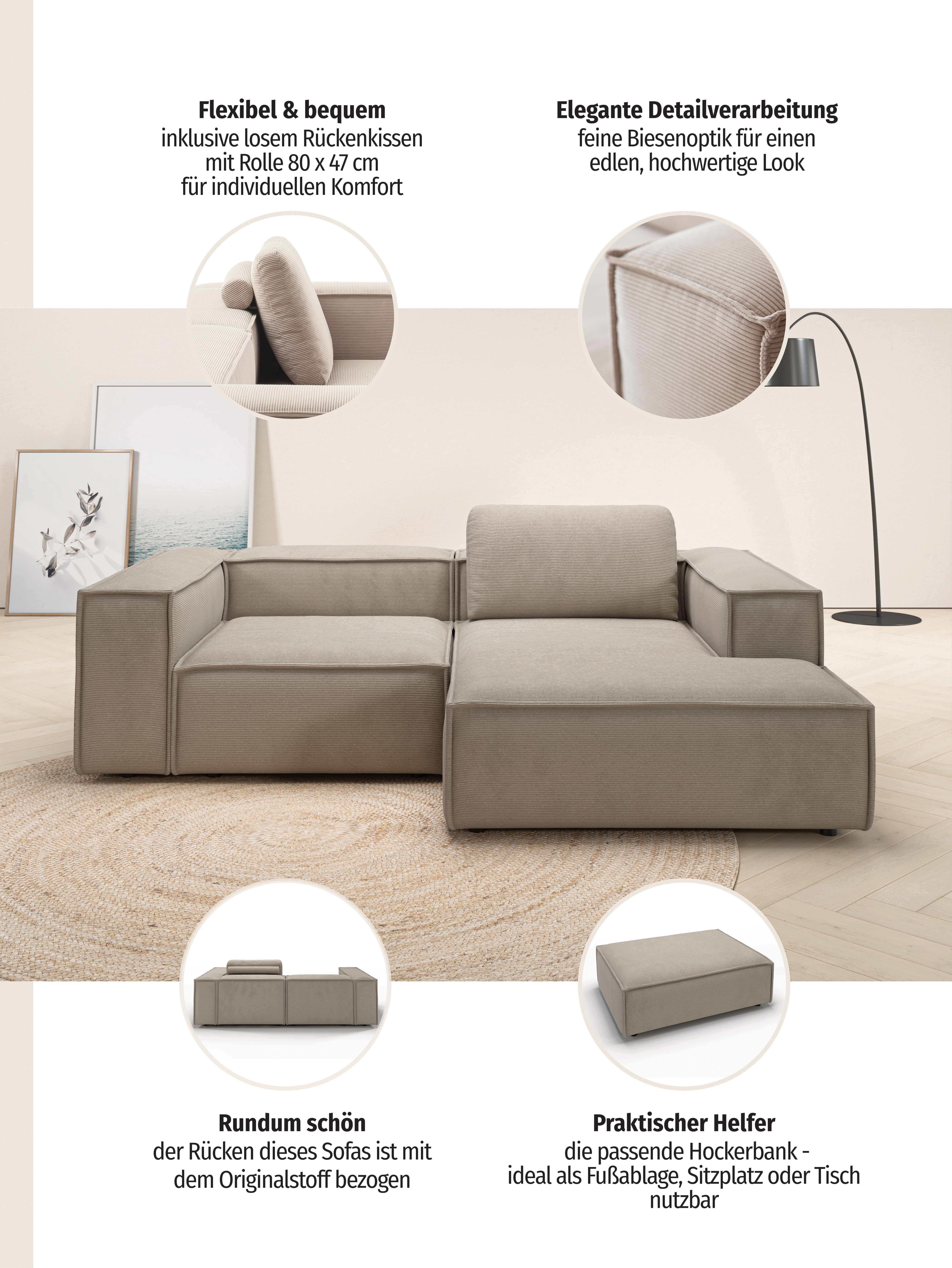 Thumbnail - Home affaire Ecksofa "Watertown, kompakte L-Form, 246 cm breite für kleinere Räume" modernes Ecksofa mit Feincordbezug, ...