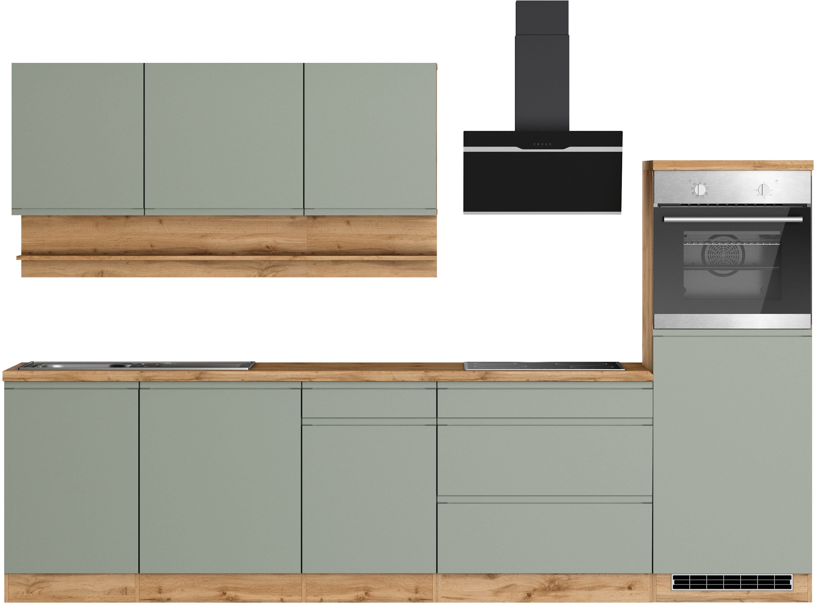 KOCHSTATION Küchenzeile "KS-Virginia,neu in verbesserter Ausführung" Arbeitsplatte 38 mm stark, Stauraum, Softclose, Breite 300 cm, Soft-Close, wahlweise mit E-Geräten