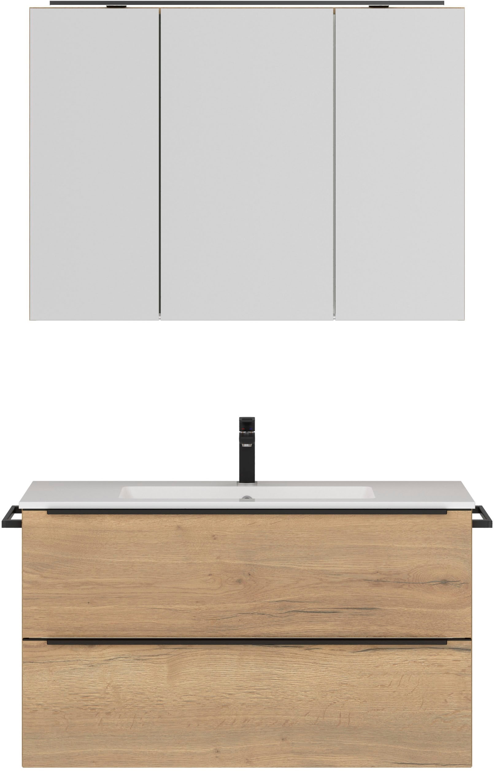 Badmöbel-Set NOBILIA, B:101cm H:169cm T:48,7cm, braun, Kastenmöbel-Sets, "Levere", inkl. Spiegelschrank mit Beleuchtung und Dimmerfunktion, in 4