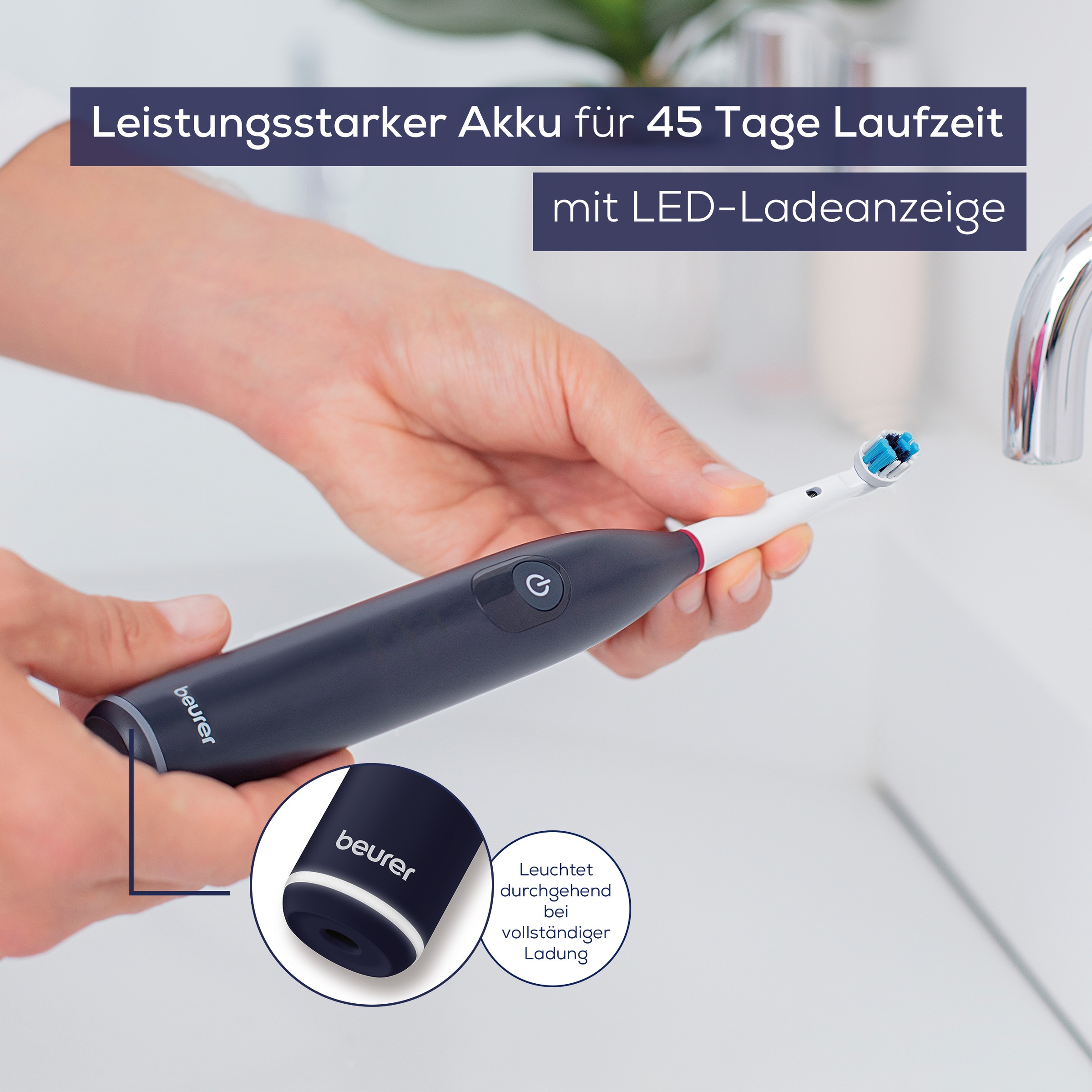 BEURER Elektrische Zahnbürste »TB 50, Elektrische Zahnbürste mit Andrucksensor & Langzeitakku«, 1 St. Aufsteckbürsten, Effektive Plaque-Entfernung, 3 Programme, bis zu 45 Tage Akkulaufzeit