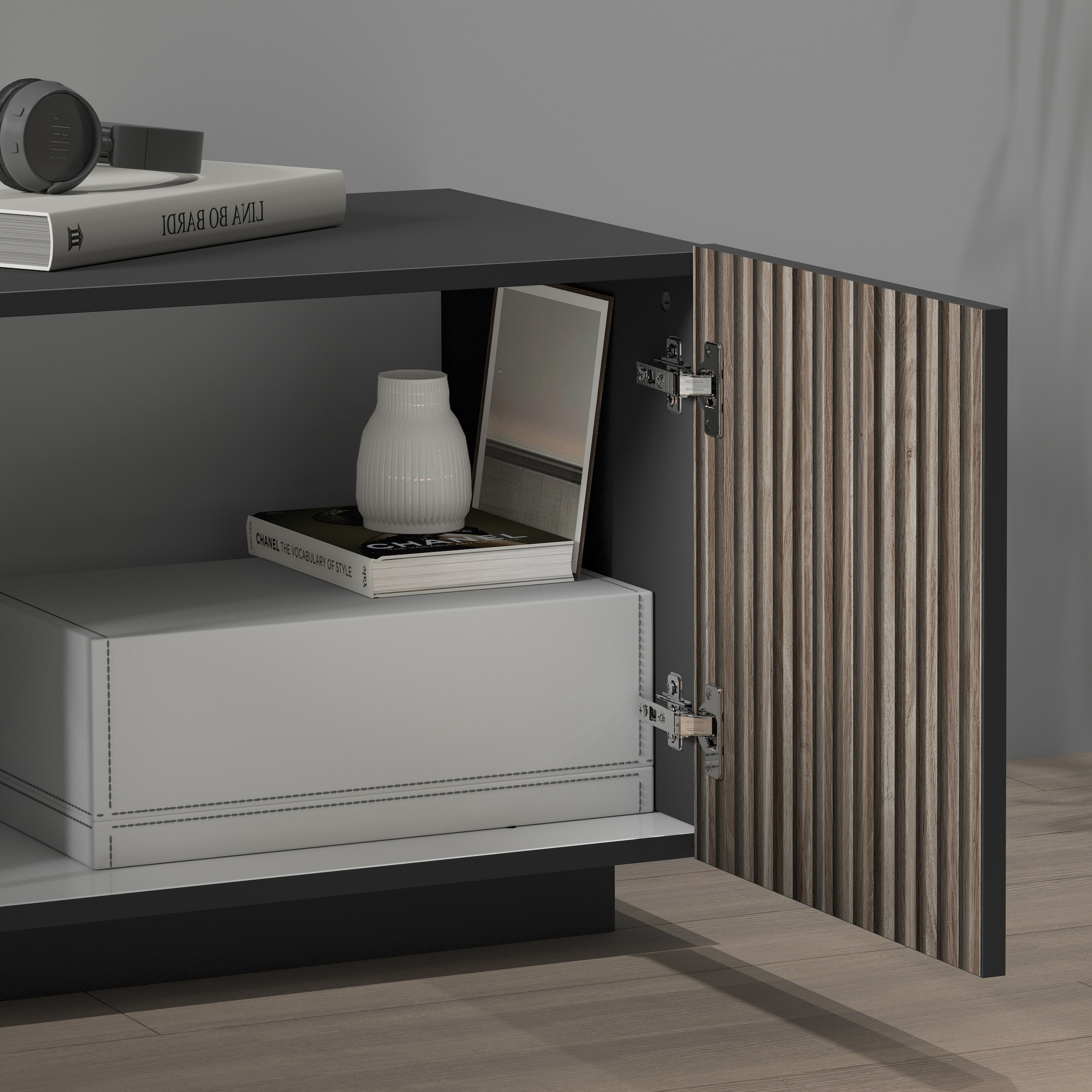 INOSIGN Lowboard »Vega,Lowboard,TV Board,TV Schrank,220 cm«, mit 4 Türen und 1 Schublade,Fronten mit Rillen-Optik