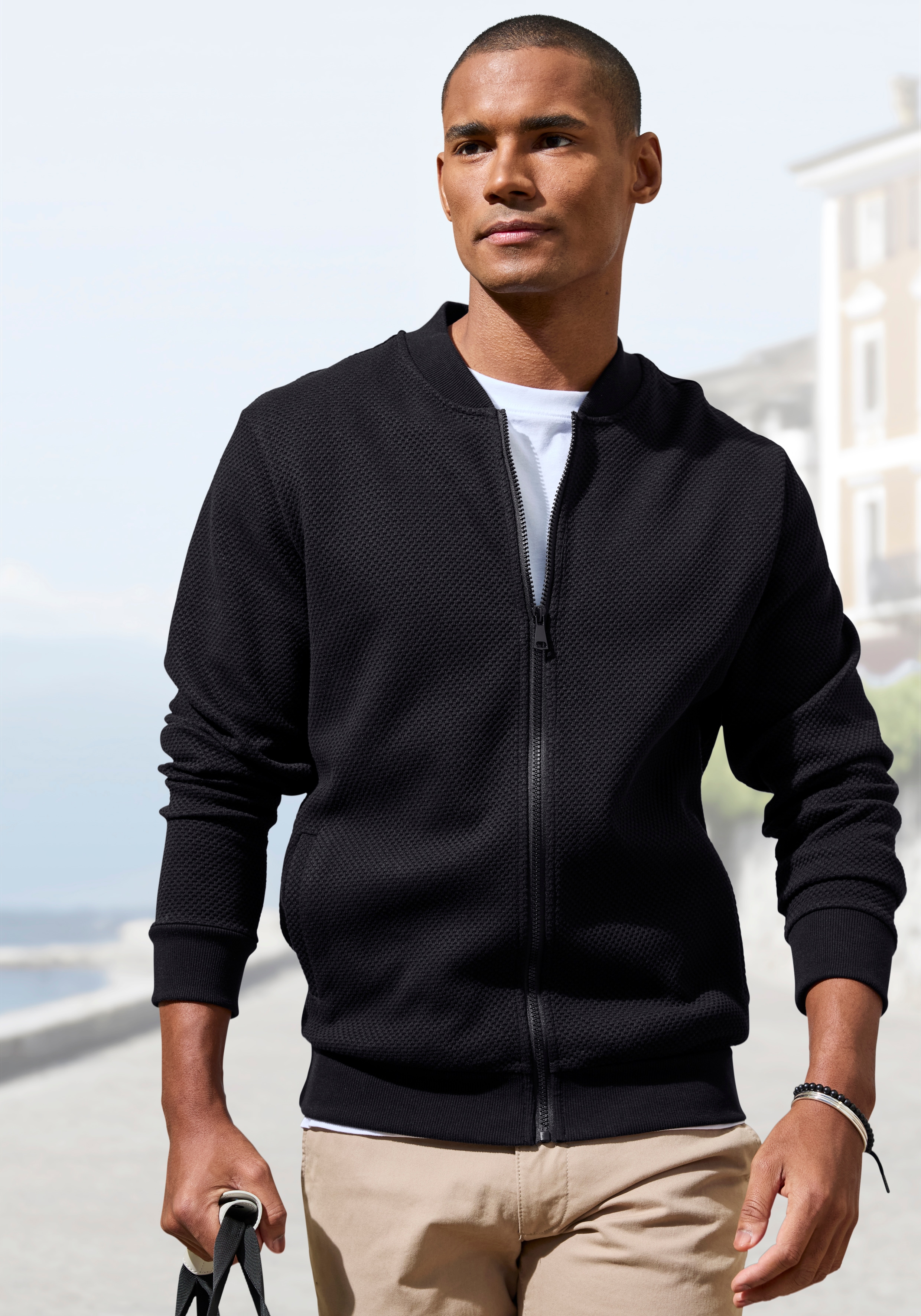 John Devin Sweatjacke "aus Struktur-Qualität, relaxed fit" in Struktur-Qualität, mit Reißverschluss