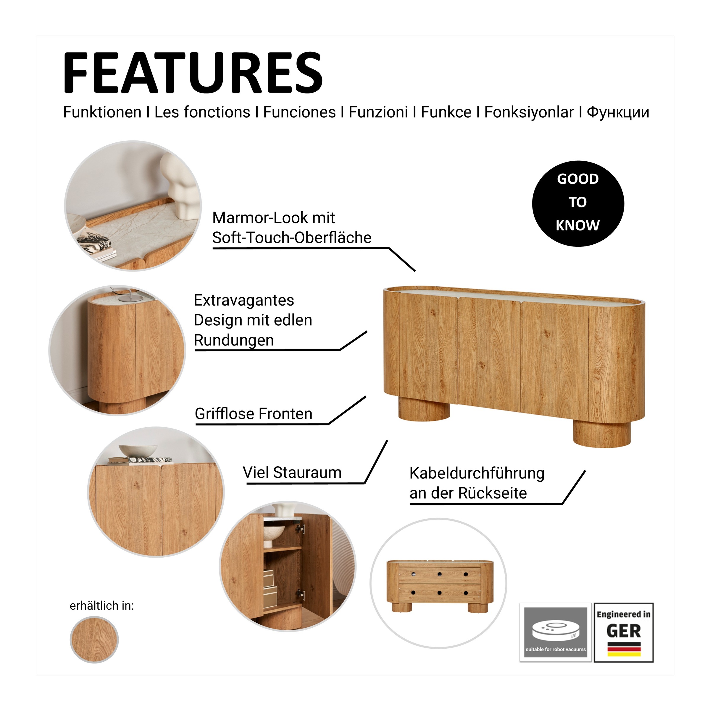 Jahnke Sideboard »CIRCO SB 160«, (1 St.), Sideboard, 3-türig, gerundetes Design, Marmor-Look, Breite 160 cm