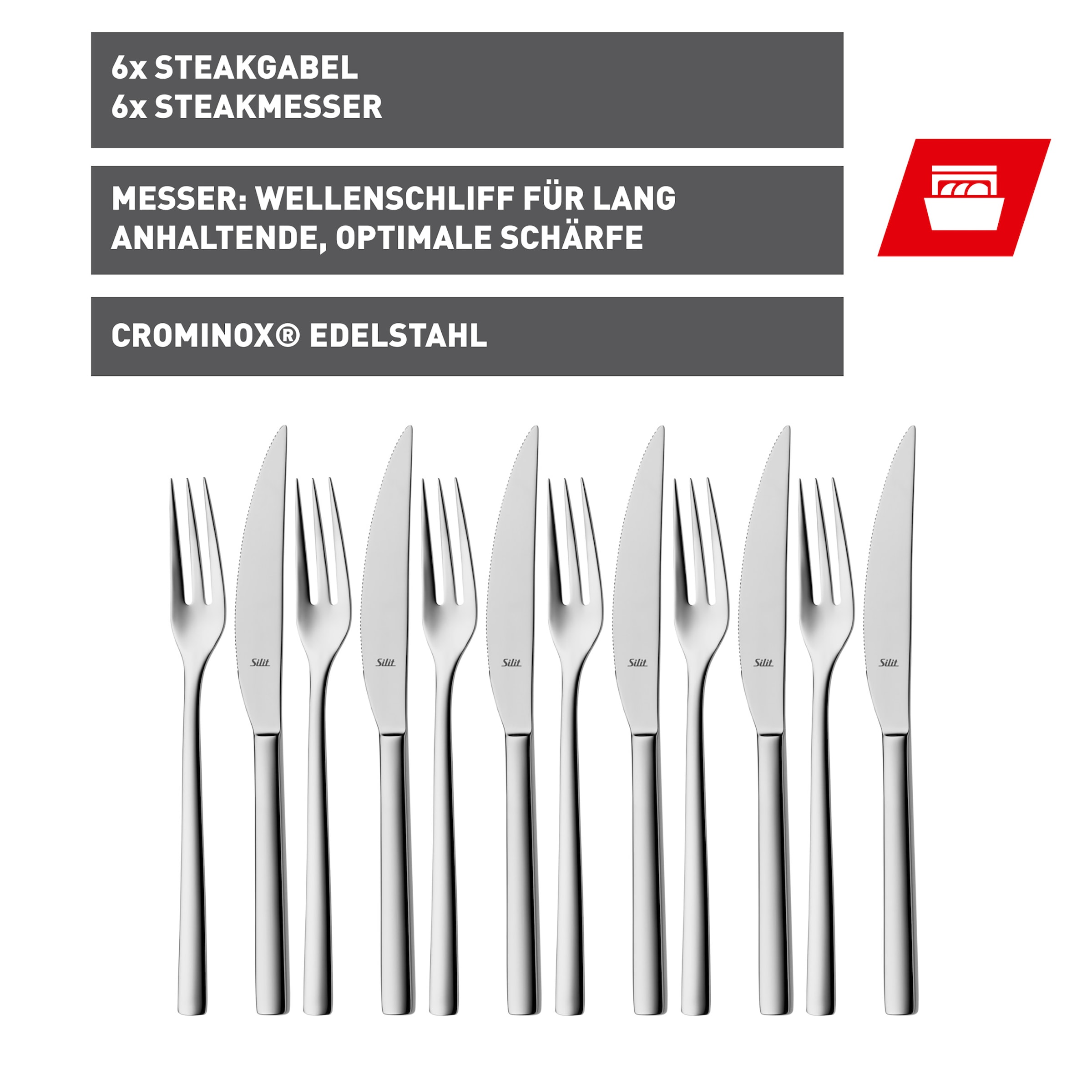 Silit Steakbesteck »Trend«, (Set, 12 tlg.), 12-teilig, Crominox: Edelstahl 18/10, Wellenschliff