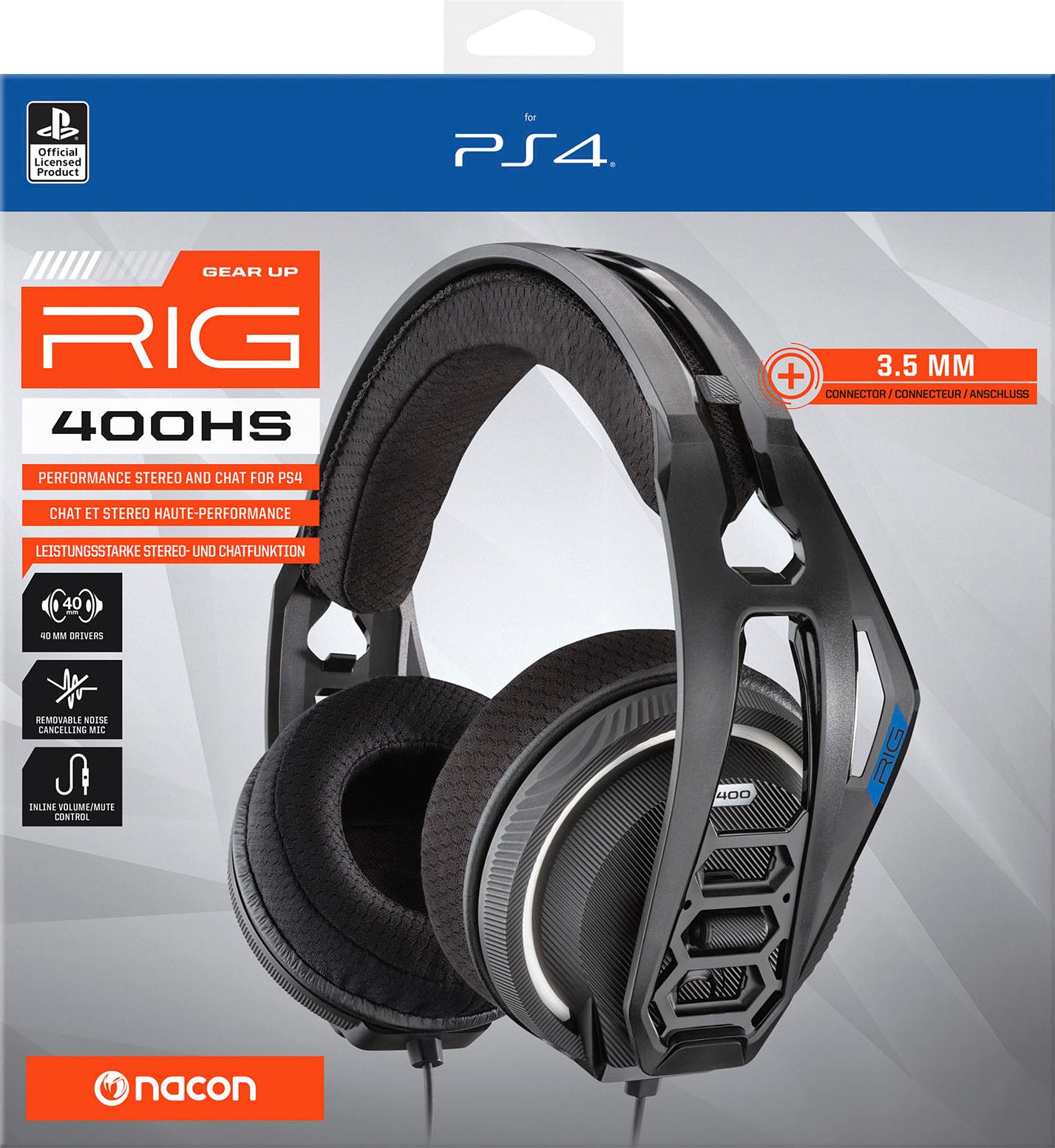 nacon Gaming-Headset »Nacon RIG 400HS Gaming-Headset, schwarz, 3,5 mm Klinke, kabelgebunden«, Geräuschisolierung-Mikrofon abnehmbar, Stereo, Over Ear, Xbox, PC, PS4-Lizenz