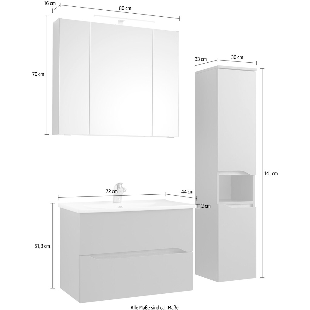 Saphir Badmöbel-Set »Quickset 3-teilig, Keramikwaschtisch mit LED-Spiegelschrank«, (3 St.)